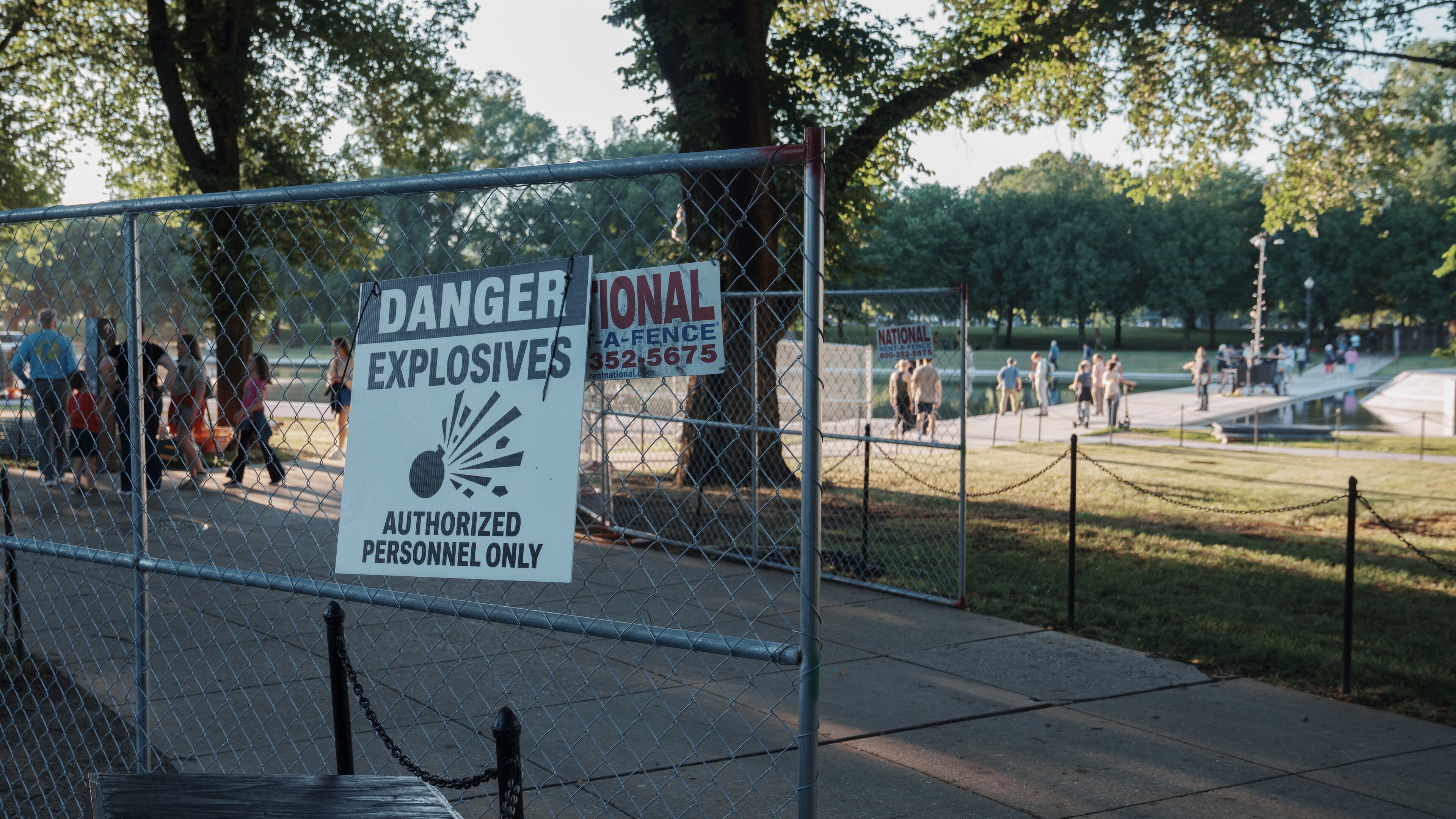 Fencing that will secure an area around where fireworks for the Fourth of July will be launched is seen near the Lincoln Memorial Reflecting Pool and the World War II Memorial Tuesday, June 23, 2026, in Washington. (AP Photo/Jon Elswick)