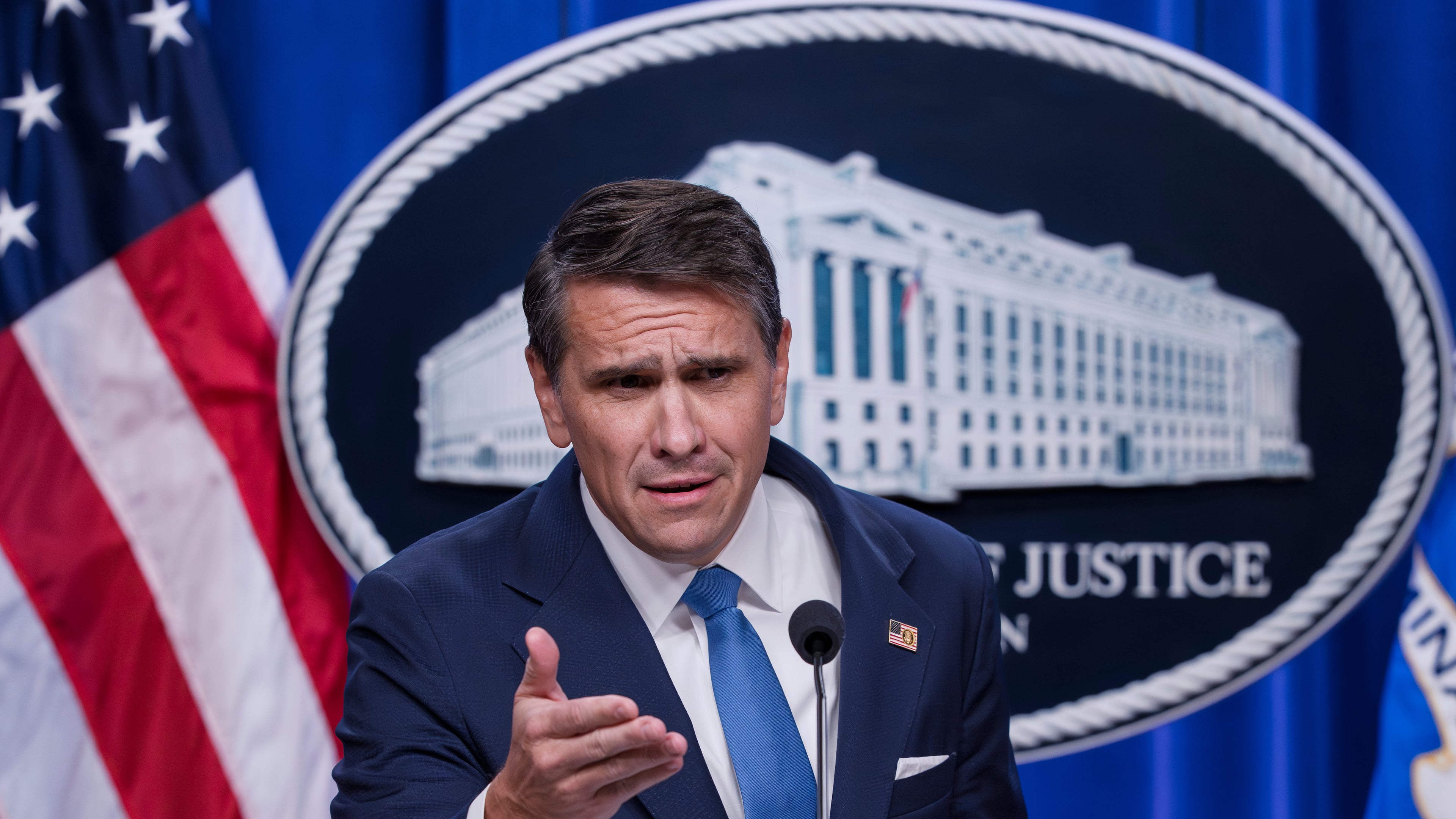 Deputy Attorney General Todd Blanche takes a question from a reporter during a news conference after the Justice Department announced the release of three million pages of documents in the latest Jeffrey Epstein disclosure in Washington, Friday, Jan. 30, 2026. (AP Photo/J. Scott Applewhite)