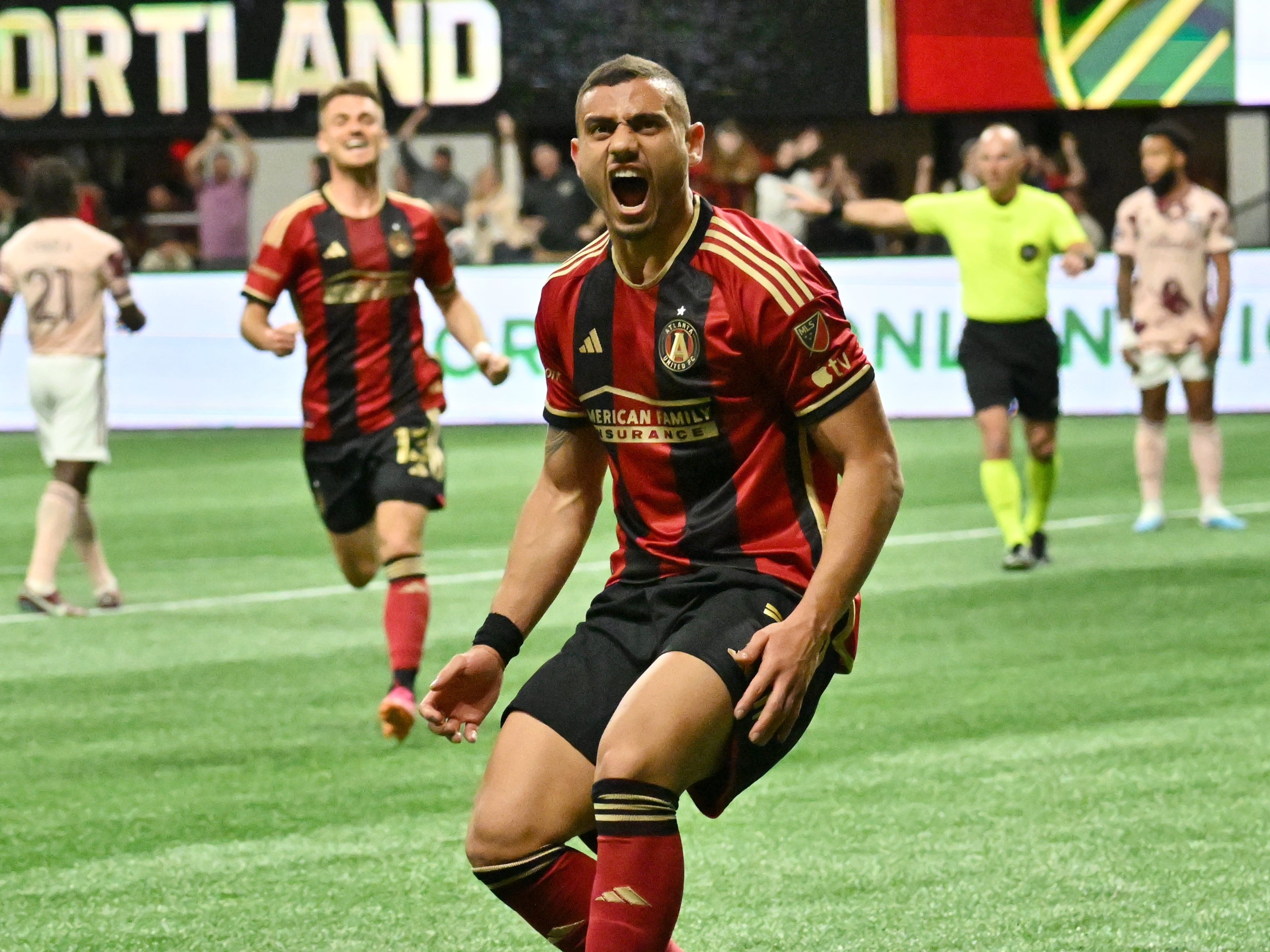 Atlanta United's forward Giorgos Giakoumakis (7) celebrates after scoring during the second half in a MLS soccer match at Mercedes-Benz Stadium, Saturday, March 18, 2023, in Atlanta. Atlanta United won 5-1 over Portland Timbers. (Hyosub Shin / Hyosub.Shin@ajc.com)