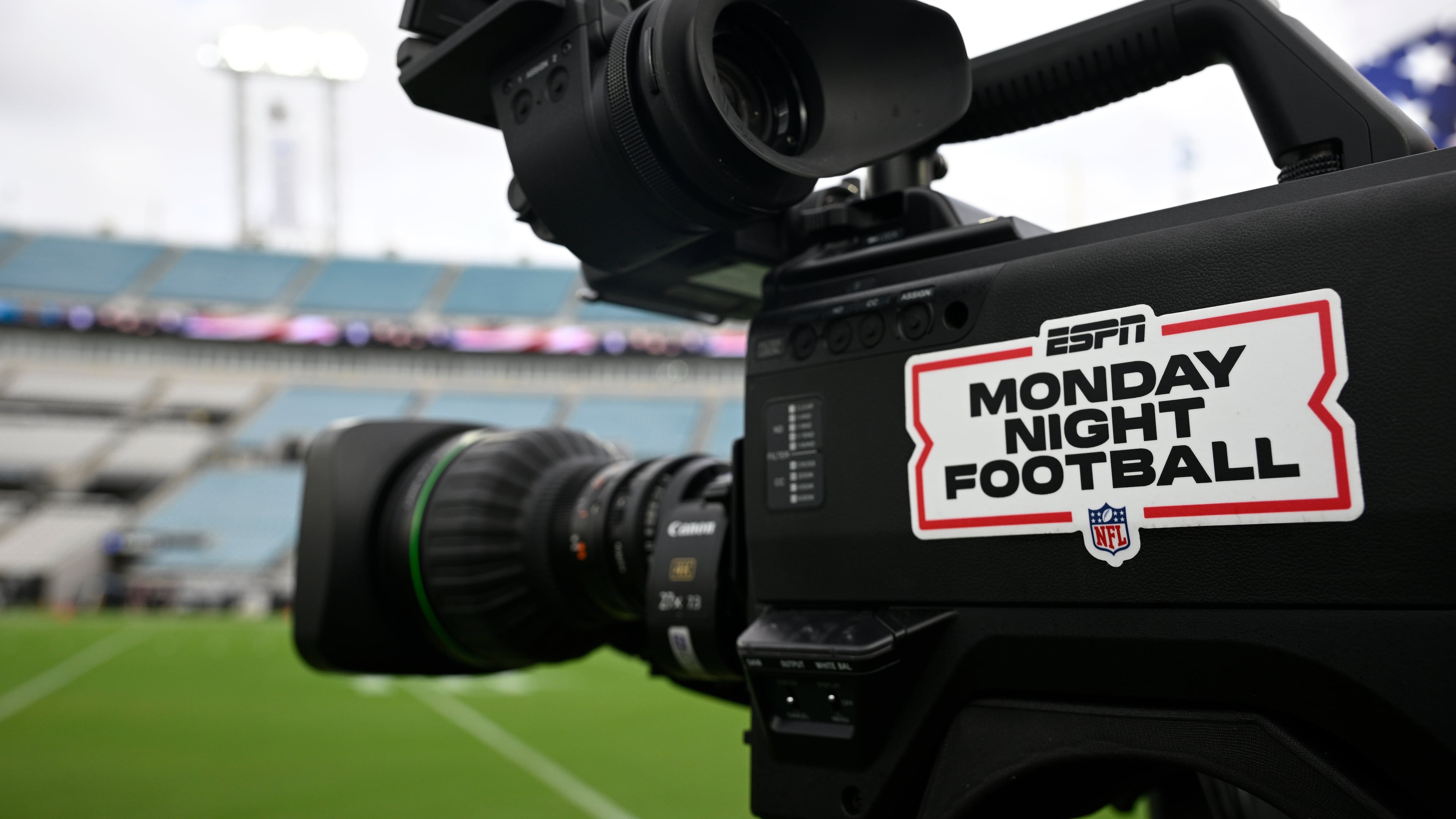 FILE - An ESPN Monday Night Football logo is viewed on a broadcast camera before an NFL football game between the Jacksonville Jaguars and the Kansas City Chiefs, Oct. 6, 2025, in Jacksonville, Fla. (AP Photo/Phelan M. Ebenhack, File)