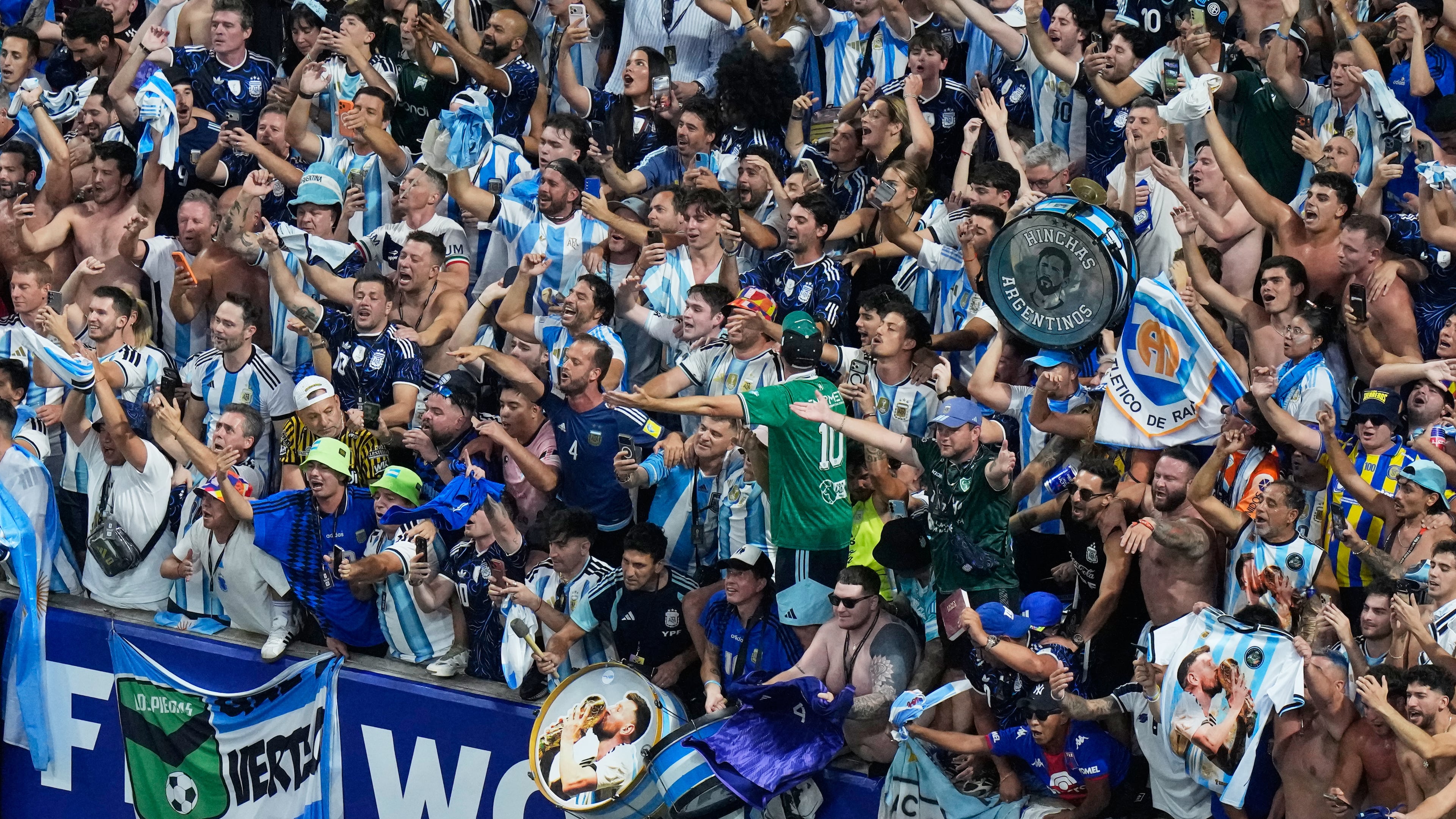 Fans of Argentina celebrate after they defeated England in their World Cup semifinal soccer match in Atlanta, Wednesday, July 15, 2026. (AP Photo/Lynne Sladky)