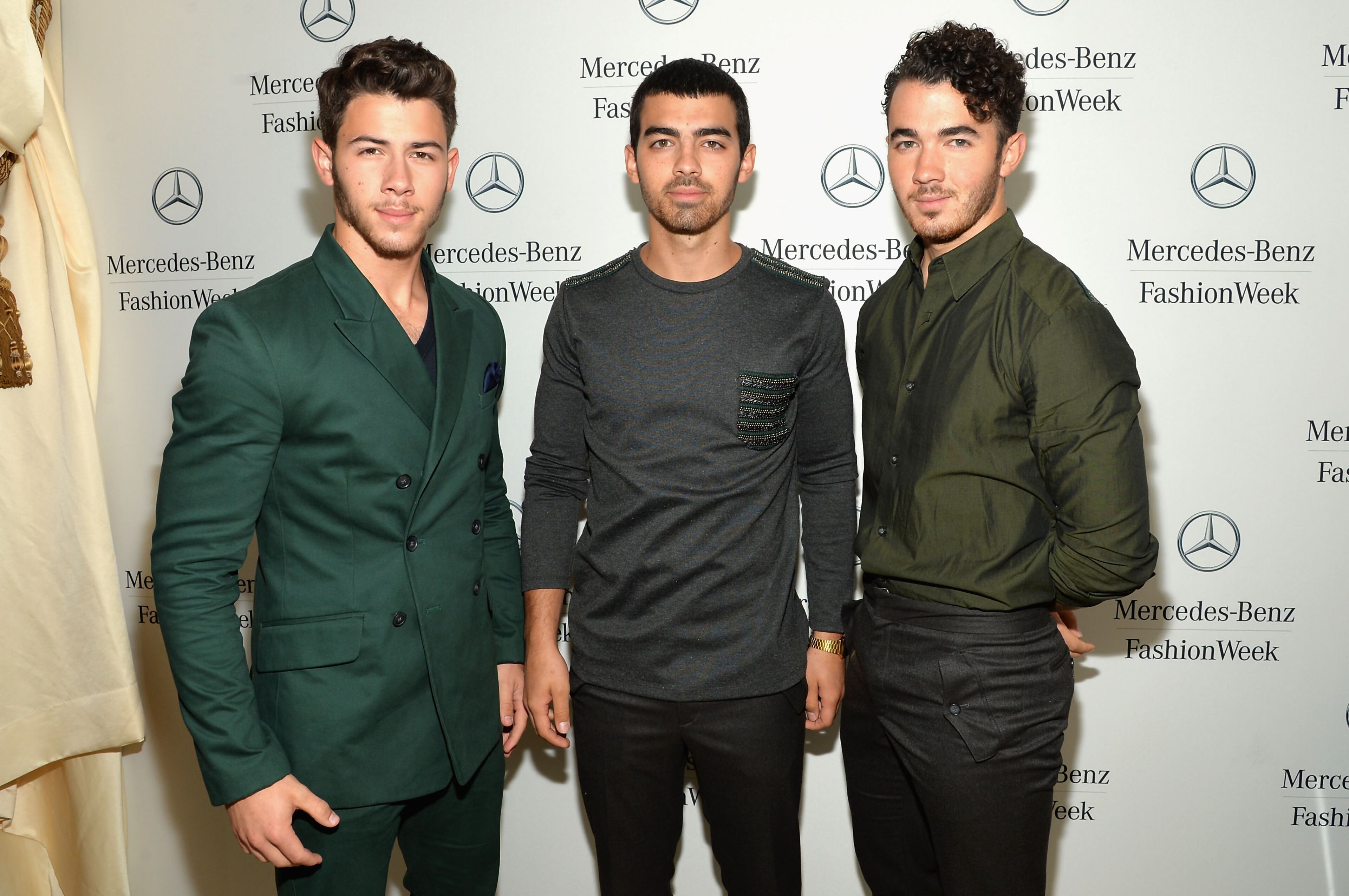 NEW YORK, NY - SEPTEMBER 05: (L-R) Nick Jonas, Joe Jonas, and Kevin Jonas of the Jonas Brothers attend the Mercedes-Benz Star Lounge during Mercedes-Benz Fashion Week Spring 2014 at Lincoln Center on September 5, 2013 in New York City. (Photo by Mike Coppola/Getty Images for Mercedes-Benz)