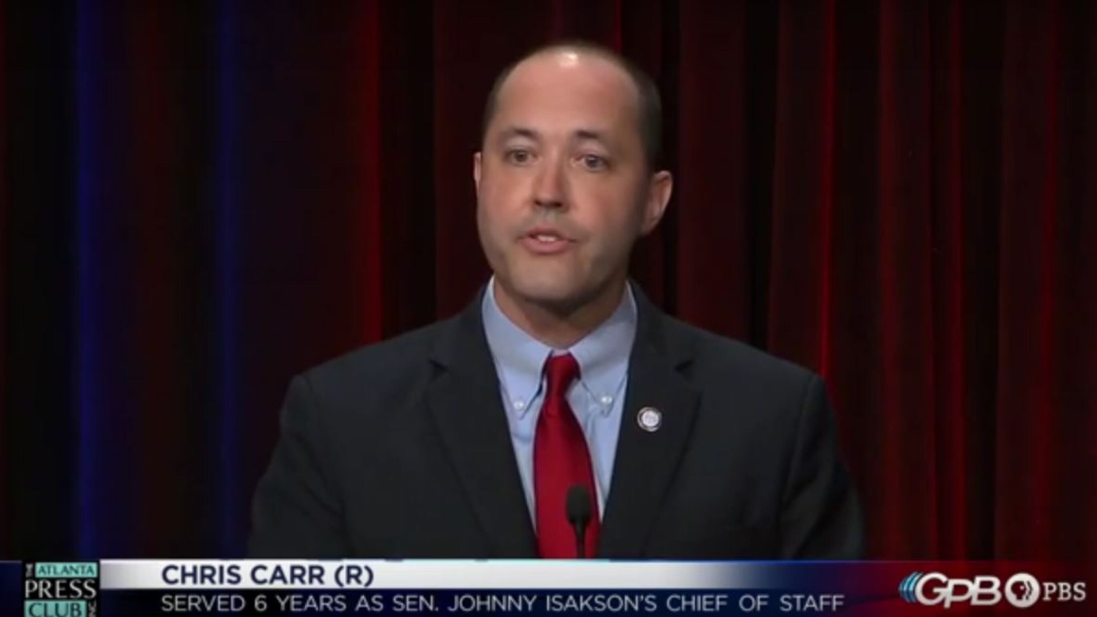 Republican incumbent Chris Carr at this week's Atlanta Press Club debate/Georgia Public Broadcasting