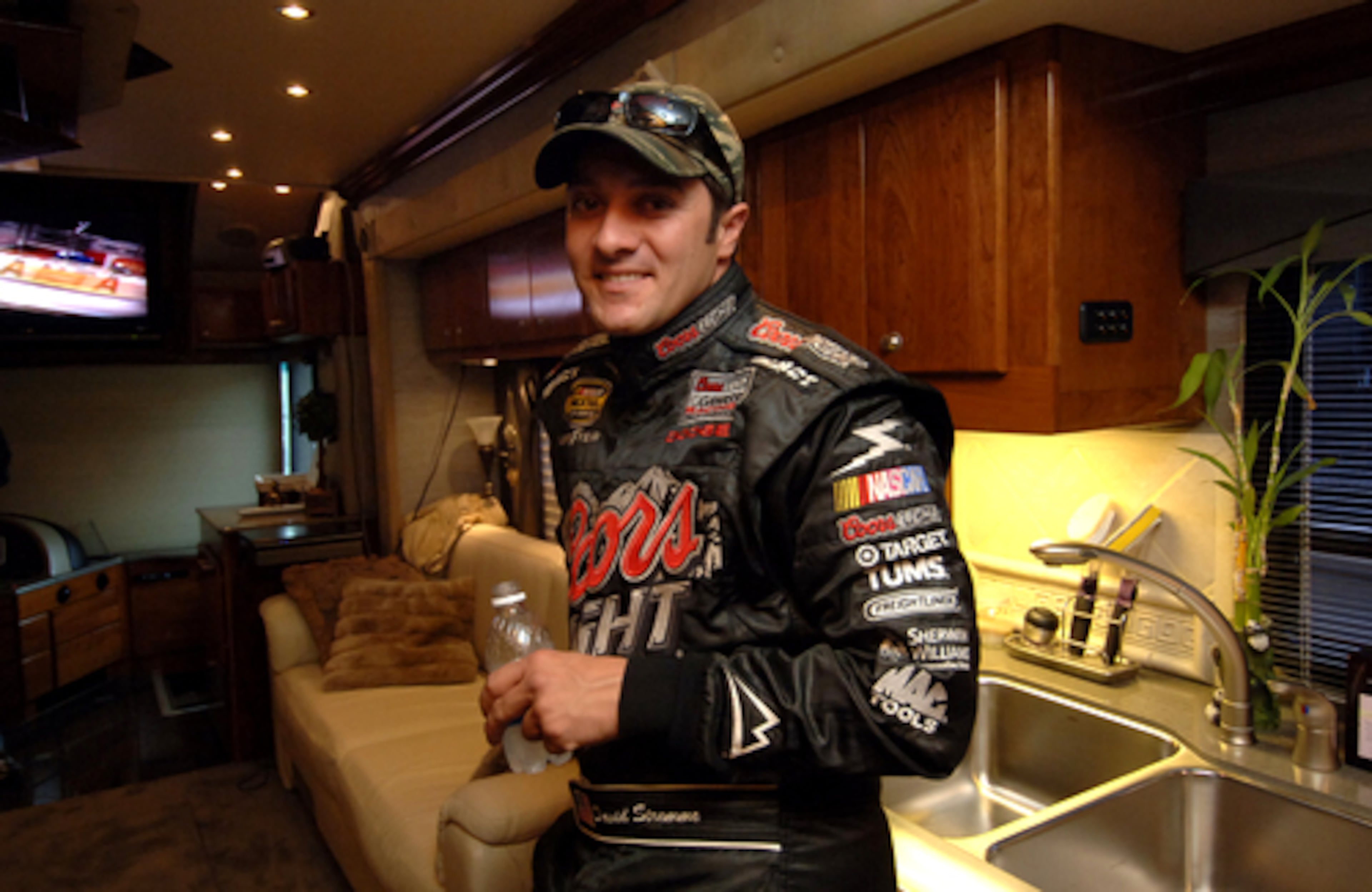 NASCAR driver David Stremme, Sorenson's teammate, shows off his RV.