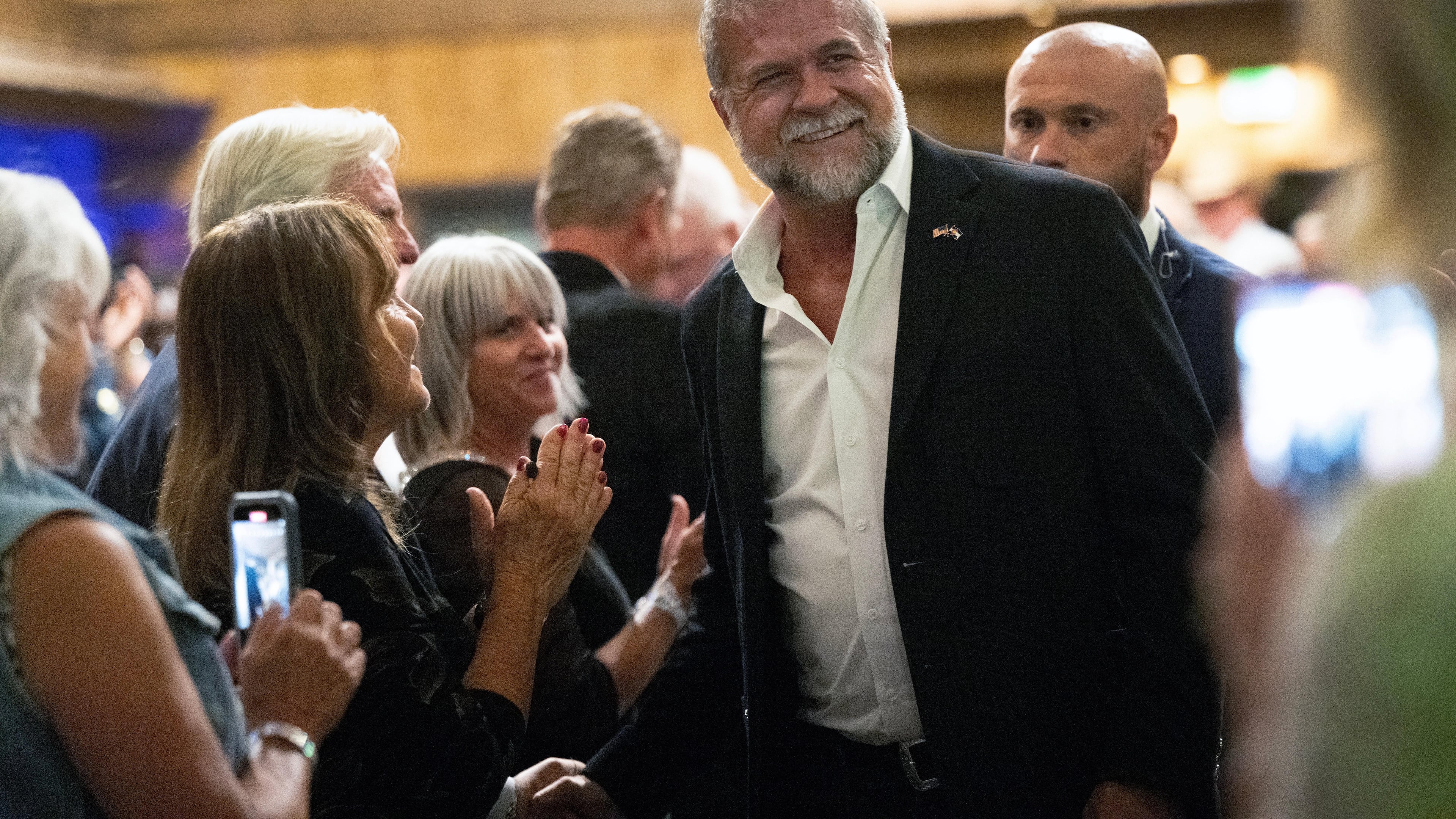 GOP gubernatorial candidate Victor Marx greets his supporters Tuesday, June 30, 2026, during a Colorado Primary Election watch party at Spruce Mountain Ranch in Larkspur, Colo. (Christian Murdock/The Gazette via AP)