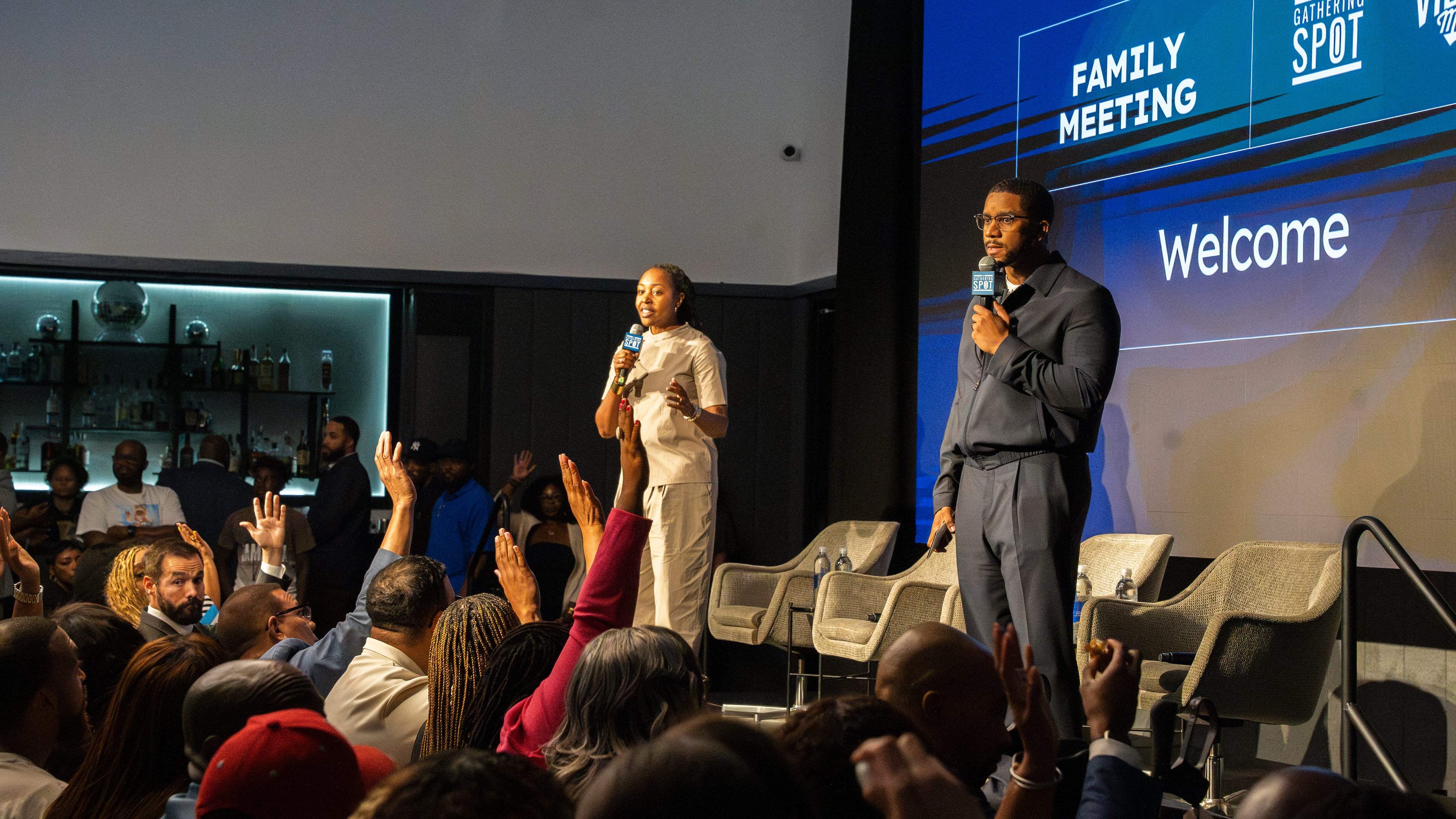 Lakeysha Hallmon (left) and Ryan Wilson moderate an event called the "Family Meeting," designed to inspire and educate Black business owners at The Gathering Spot in Atlanta on Tuesday, Aug. 27, 2024. (Olivia Bowdoin for the AJC).