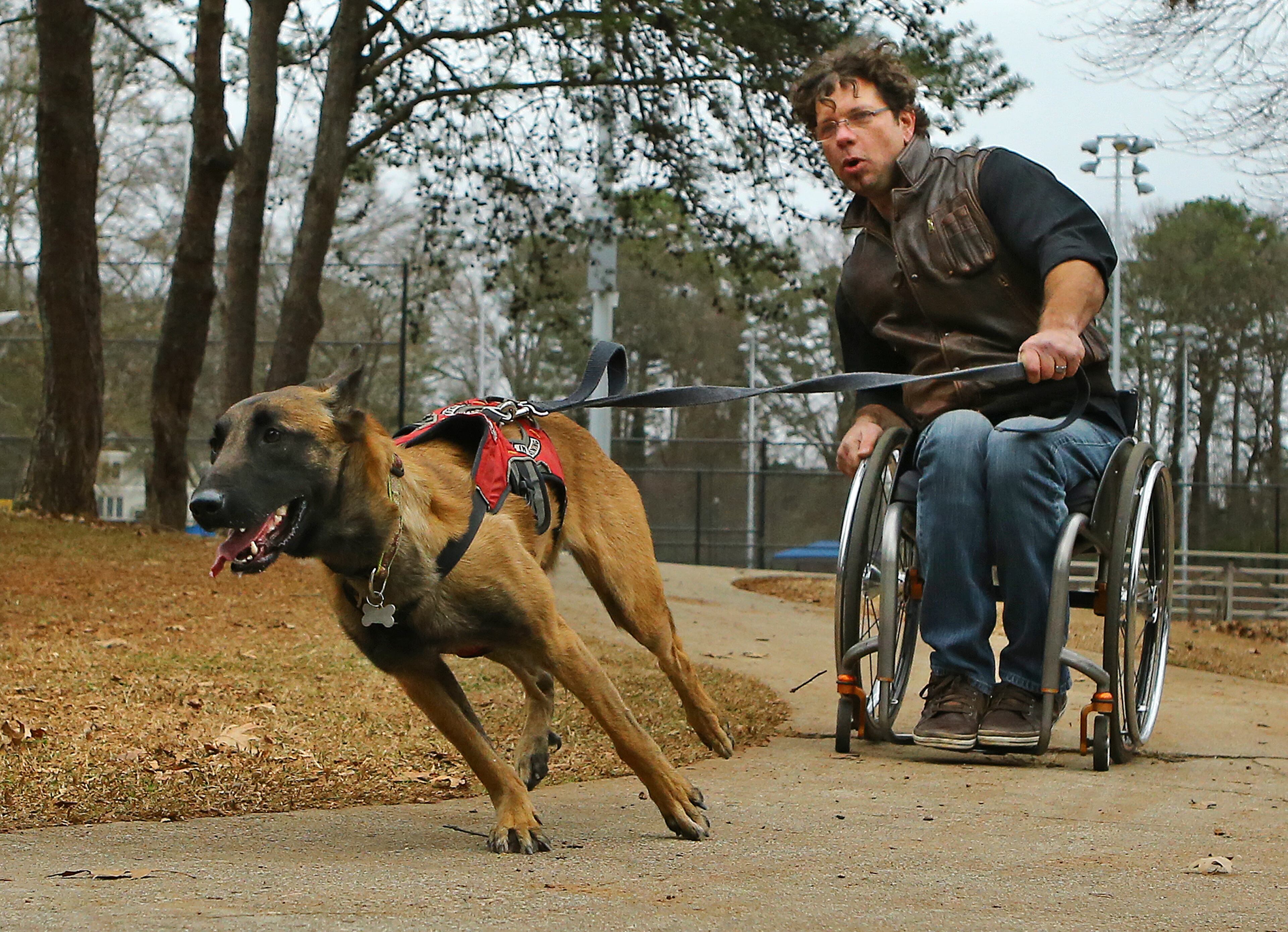Wheelchair racer Pete Anziano and his dog Amelie navigate a down hill curve. Click here to read more about Anziano, his dogs and his sport.