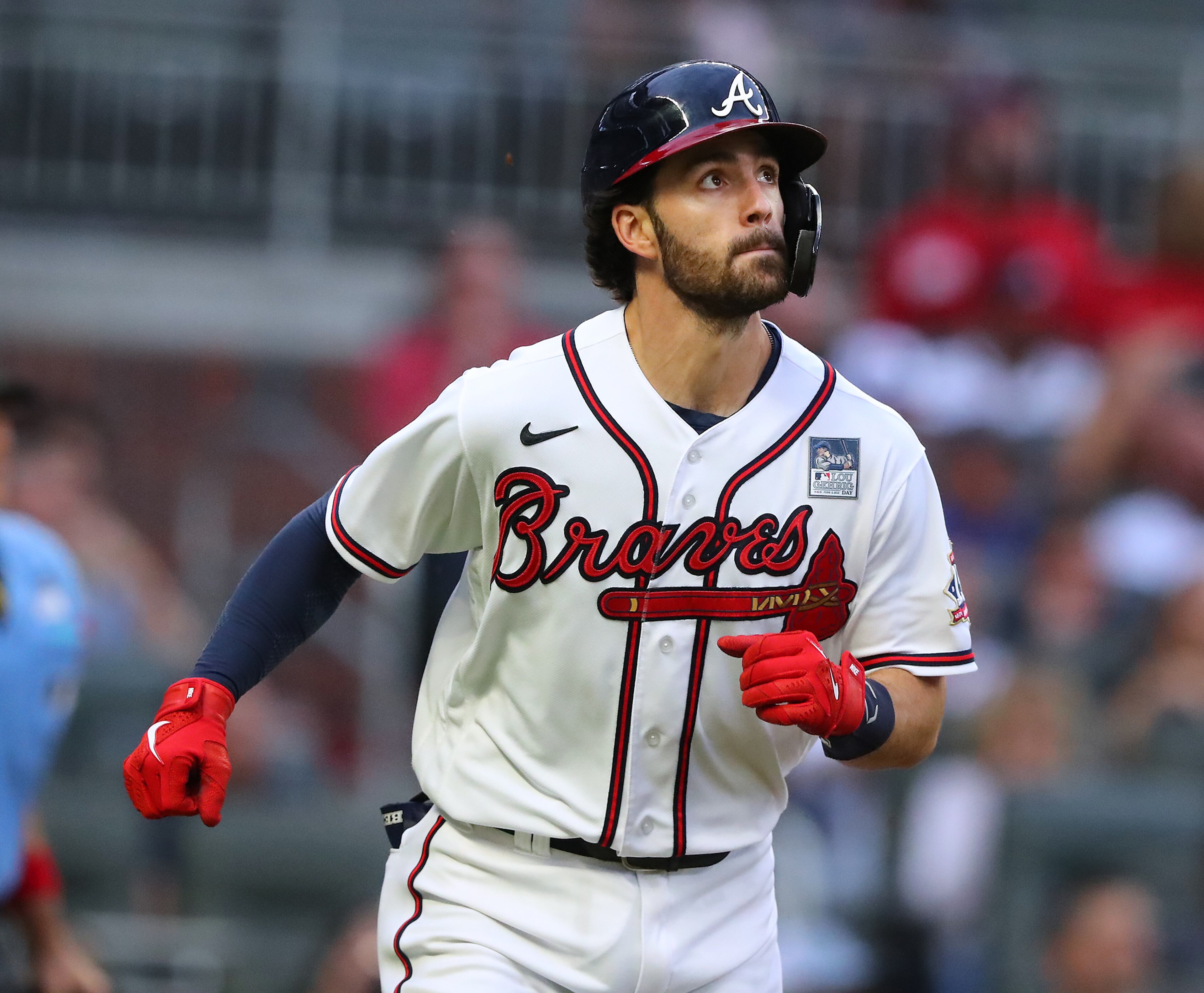 Braves batter Dansby Swanson watches his solo homer leave the park to tie the game 1-1 with the Washington Nationals during the second inning of a MLB baseball game on Wednesday, Jun 2, 2021, in Atlanta. “Curtis Compton / Curtis.Compton@ajc.com”
