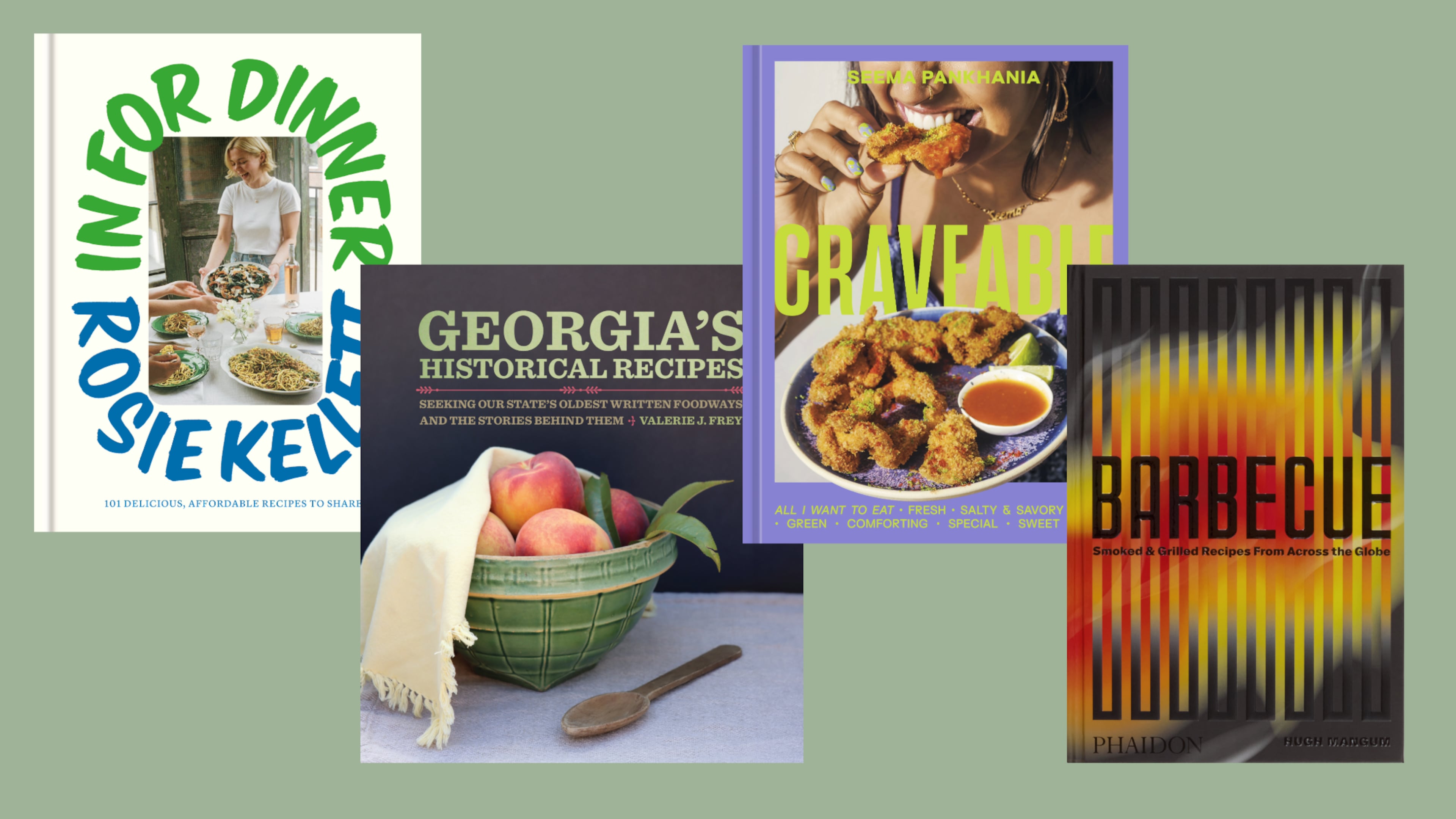 “In for Dinner: 101 Delicious, Affordable Recipes to Share” by Rosie Kellett (Clarkson Potter, $35). On sale Aug. 19, 2025; “Georgia’s Historical Recipes: Seeking Our State’s Oldest Written Foodways and the Stories Behind Them” by Valerie J. Frey (University of Georgia Press, $34.95); “Craveable: All I Want To Eat” by Seema Pankhania (Ten Speed, $30). On sale July 1, 2025; “Barbecue: Smoked and Grilled Recipes from Across the Globe” by Hugh Mangum (Phaidon, $49.95).