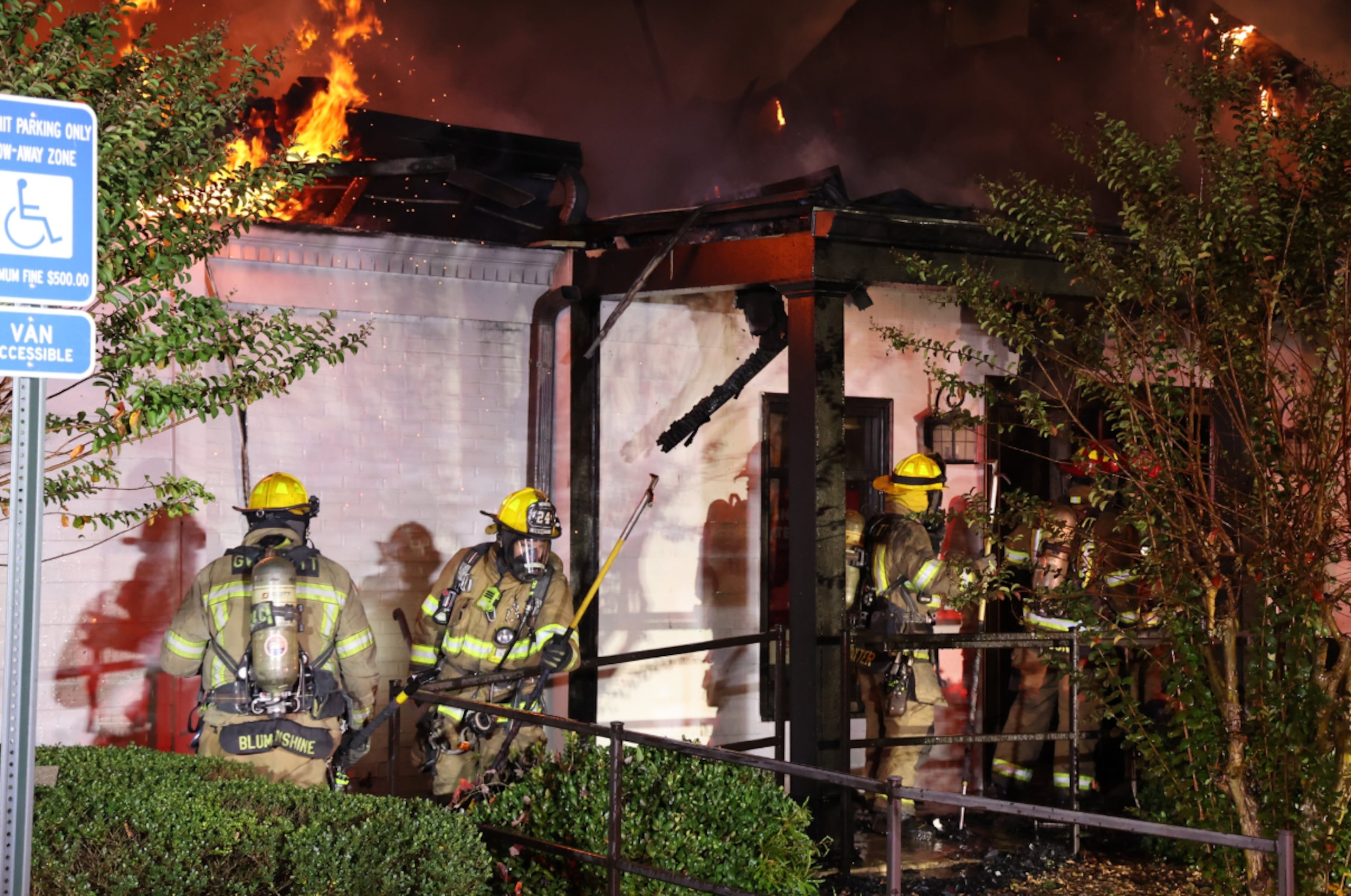 Firefighters battle an evening fire Saturday, Oct. 25, 2025, at BenchMark Physical Therapy on Nelson Brogdon Boulevard in Gwinnett County. (Courtesy of Gwinnett County Fire and Emergency Services)