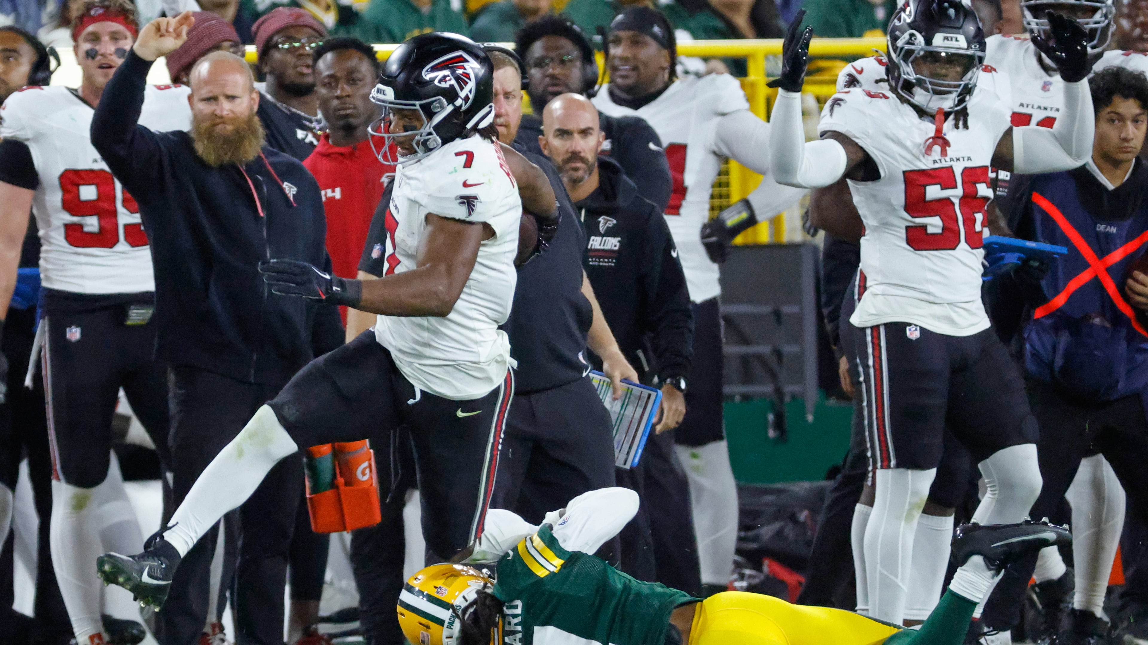 Falcons running back Bijan Robinson had 194 rushing yards and a pair of touchdowns in the win over the Packers in Green Bay, Wis., Thursday, Sept. 24, 2026. (AP Photo/Mike Roemer)