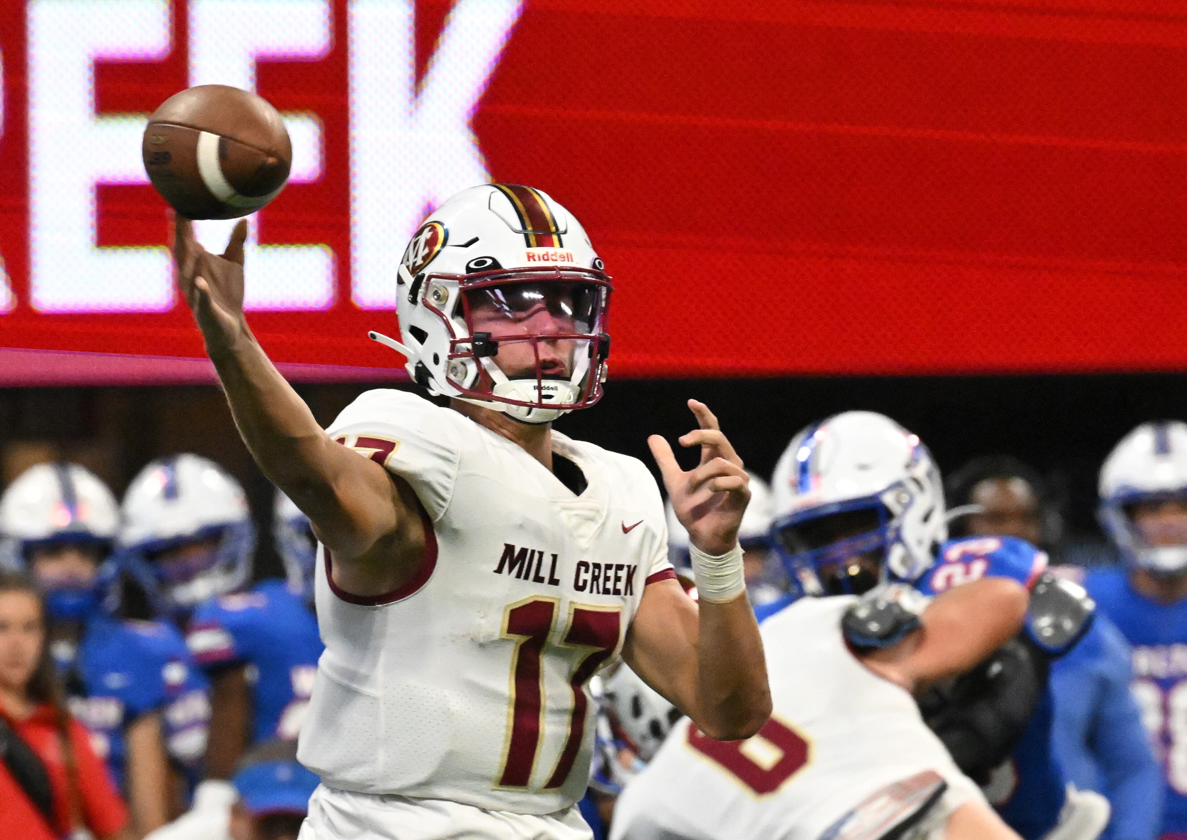 August 20 , 2022 Atlanta - Mill Creek's Hayden Clark (17) gets off a pass during the 2022 Corky Kell Classic at Mercedes Benz Stadium on Saturday, August 20, 2022. (Hyosub Shin / Hyosub.Shin@ajc.com)