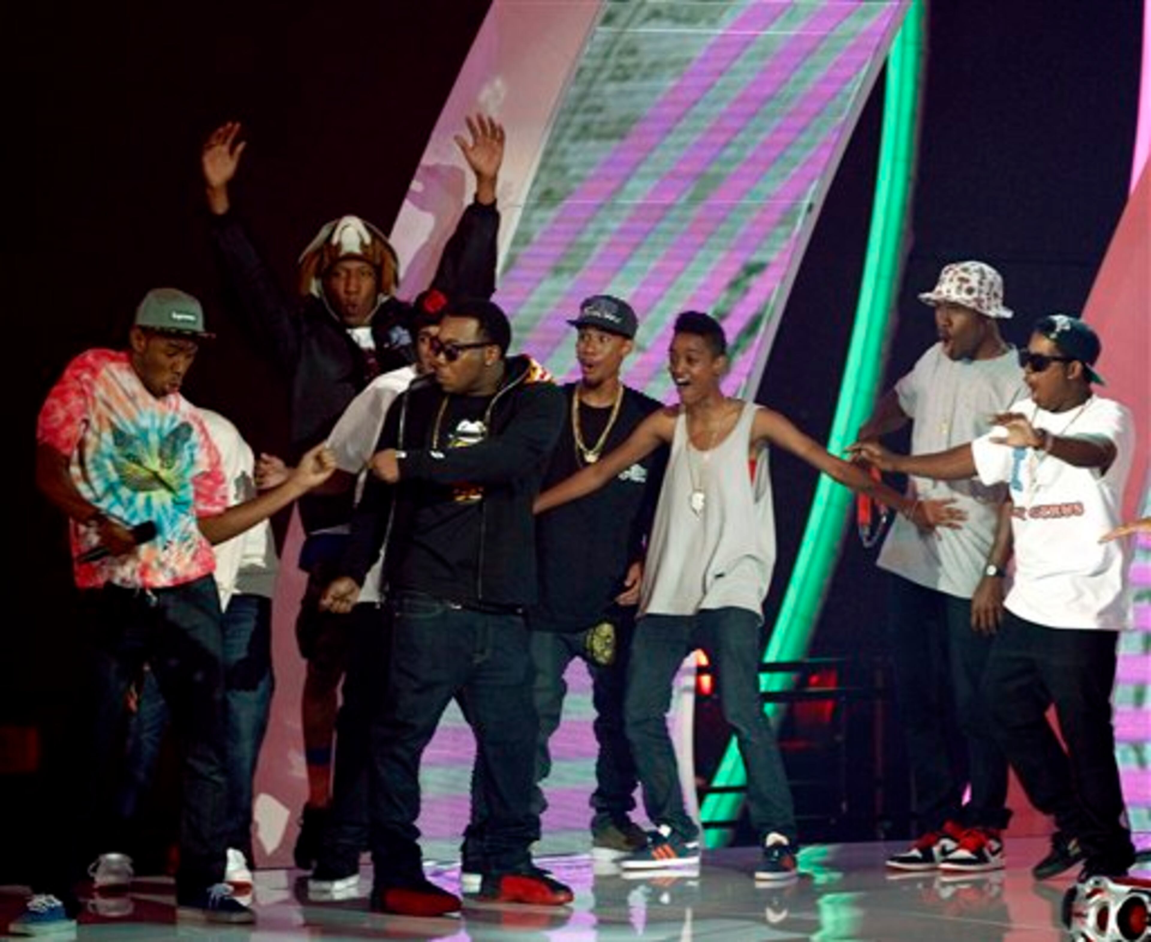 Tyler the Creator, left, and Odd Future, are seen onstage at the MTV Video Music Awards on Sunday Aug. 28, 2011, in Los Angeles. (AP Photo/Matt Sayles)