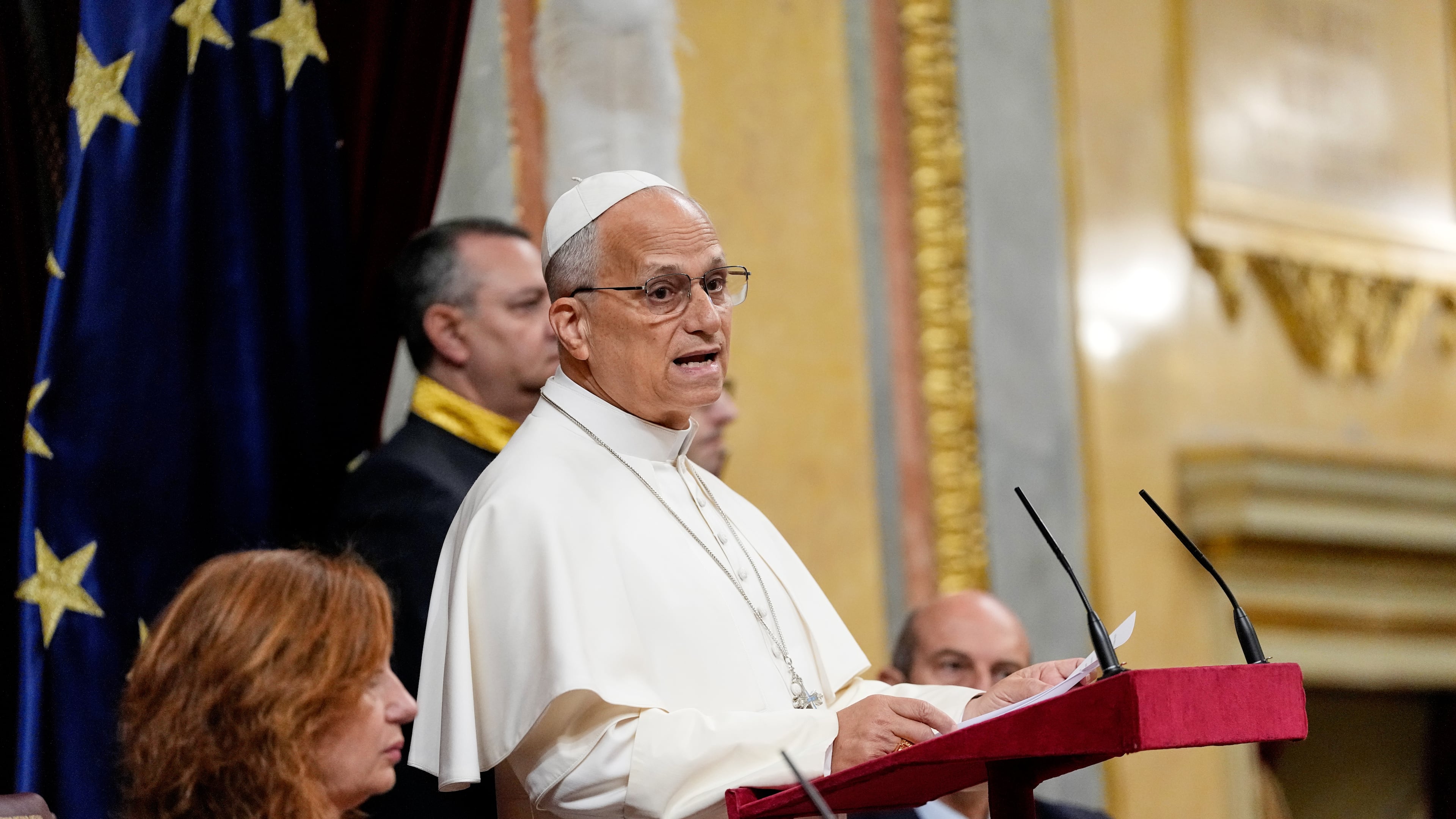 Pope Leo XIV delivers his speech as he meets with members of the Spanish Parliament at the Congress of Deputies, in Madrid, Monday, June 8, 2026. (AP Photo/Alessandra Tarantino)