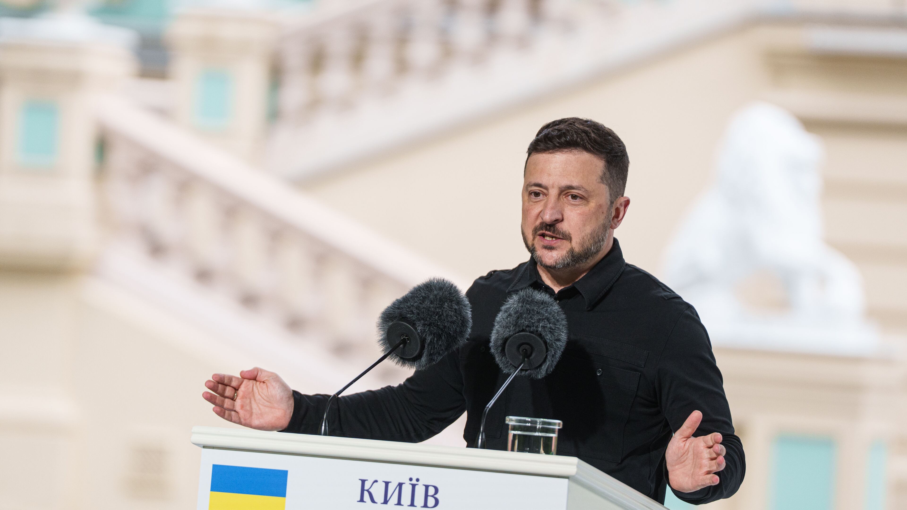Ukraine's President Volodymyr Zelenskyy speaks to journalists during a joint press conference with NATO Secretary General Mark Rutte in Kyiv, Ukraine, on Wednesday, June 3, 2026. (AP Photo/Evgeniy Maloletka)