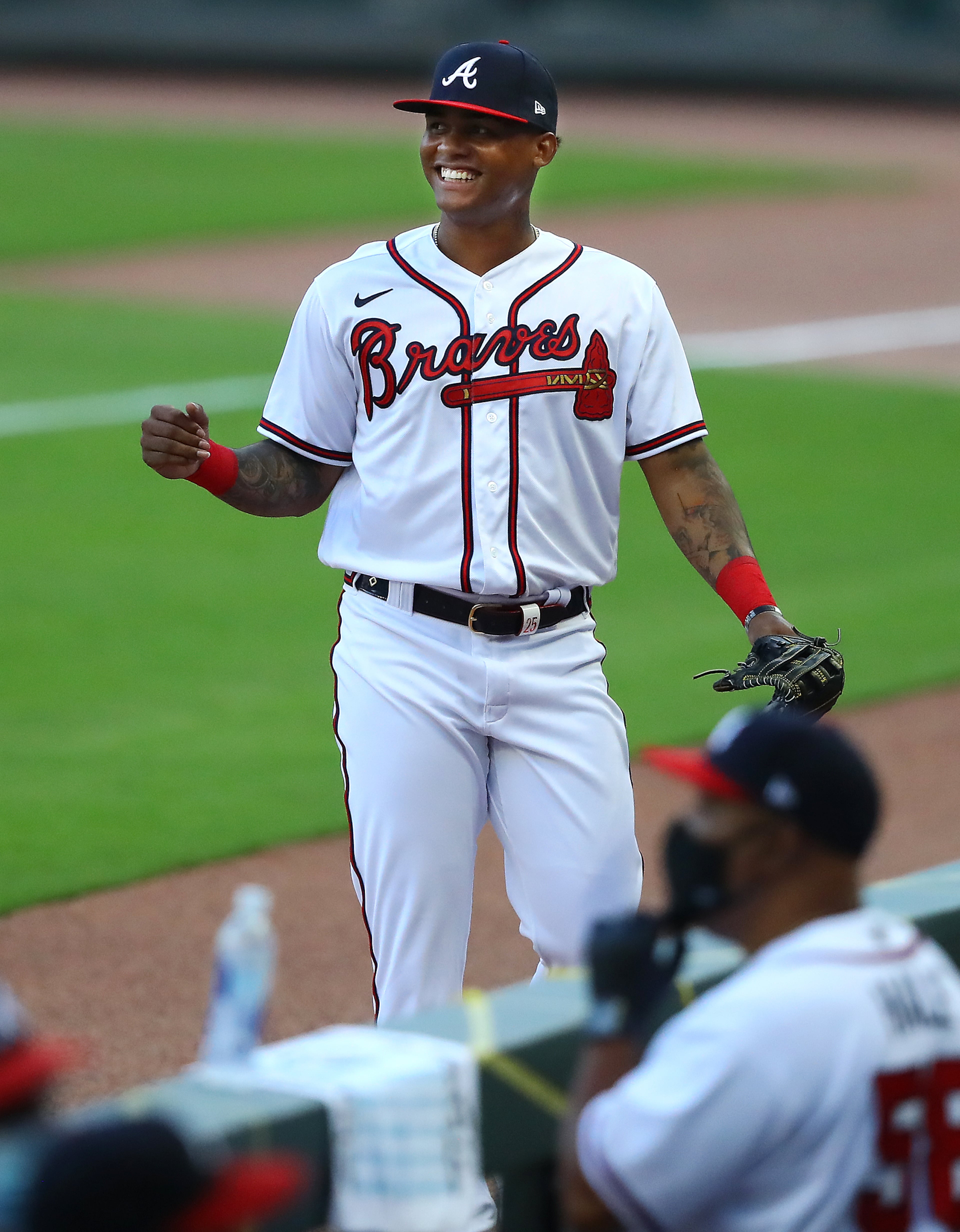 Cristian Pache is all smiles while warming up before the game. Curtis Compton ccompton@ajc.com