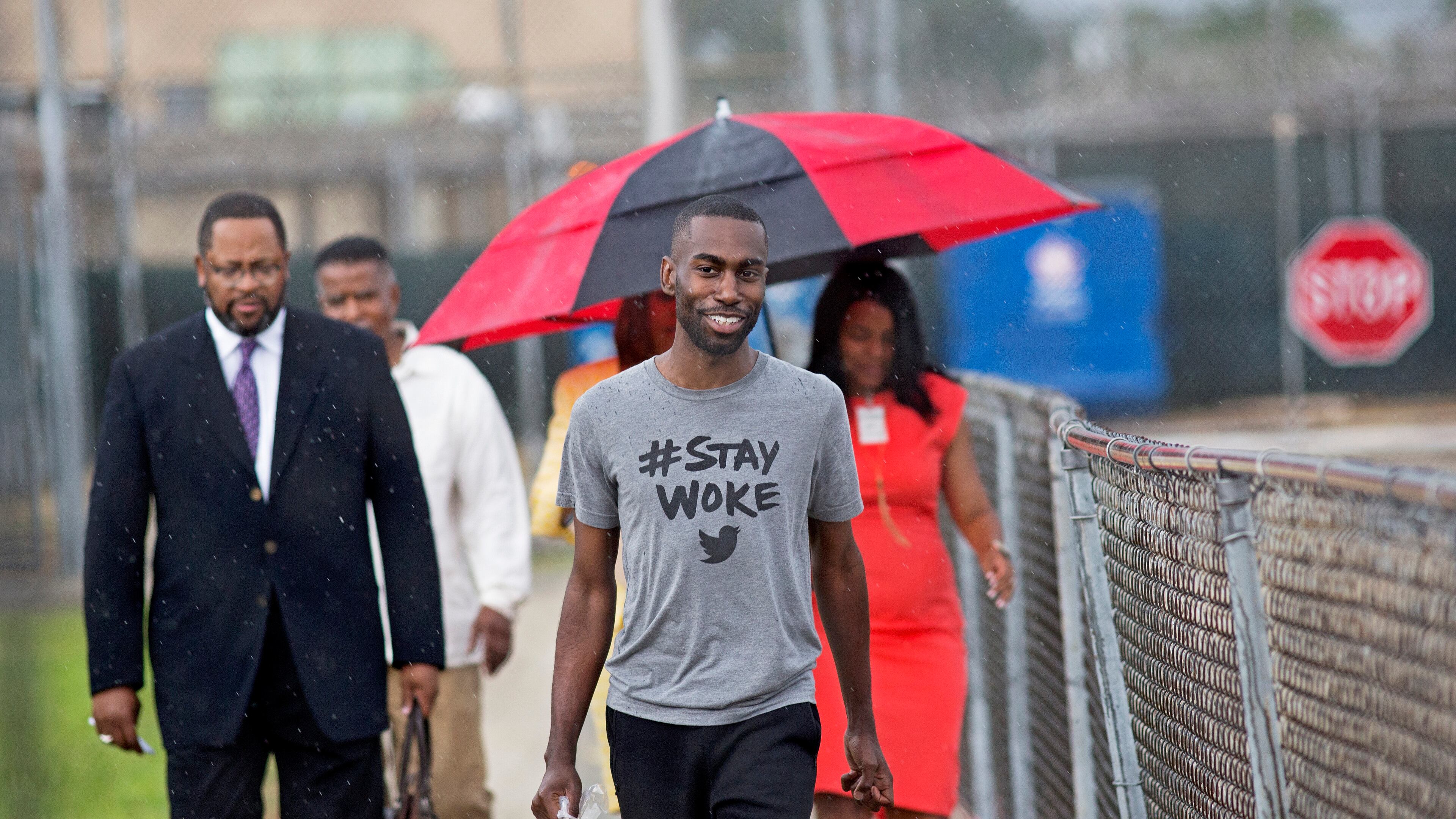 Black Lives Matter activist DeRay Mckesson leaves the Baton Rouge jail in Baton Rouge, La. on Sunday, July 10, 2016. McKesson, three journalists and more than 120 other people were taken into custody in Louisiana over the past two days, authorities said Sunday, after protests over the fatal shooting of an African-American man by two white police officers in Baton Rouge. (AP Photo/Max Becherer)
