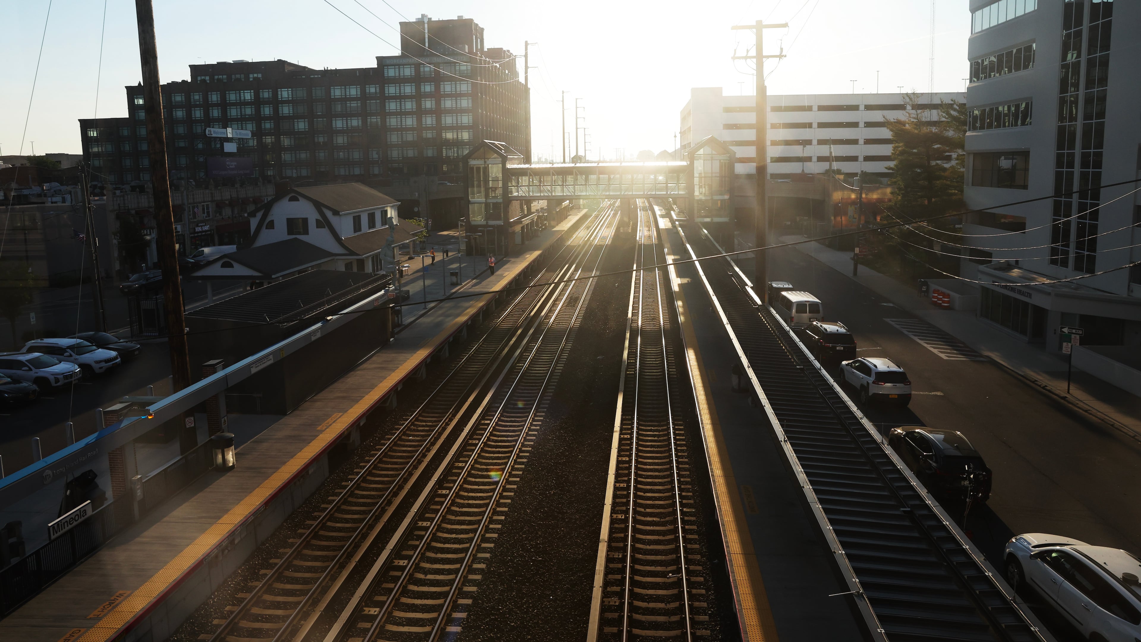 Tracks are empty at Mineola train station as Long Island Rail Road workers enter the third day of their strike, Monday, May 18, 2026, in Mineola, N.Y. (AP Photo/Heather Khalifa)