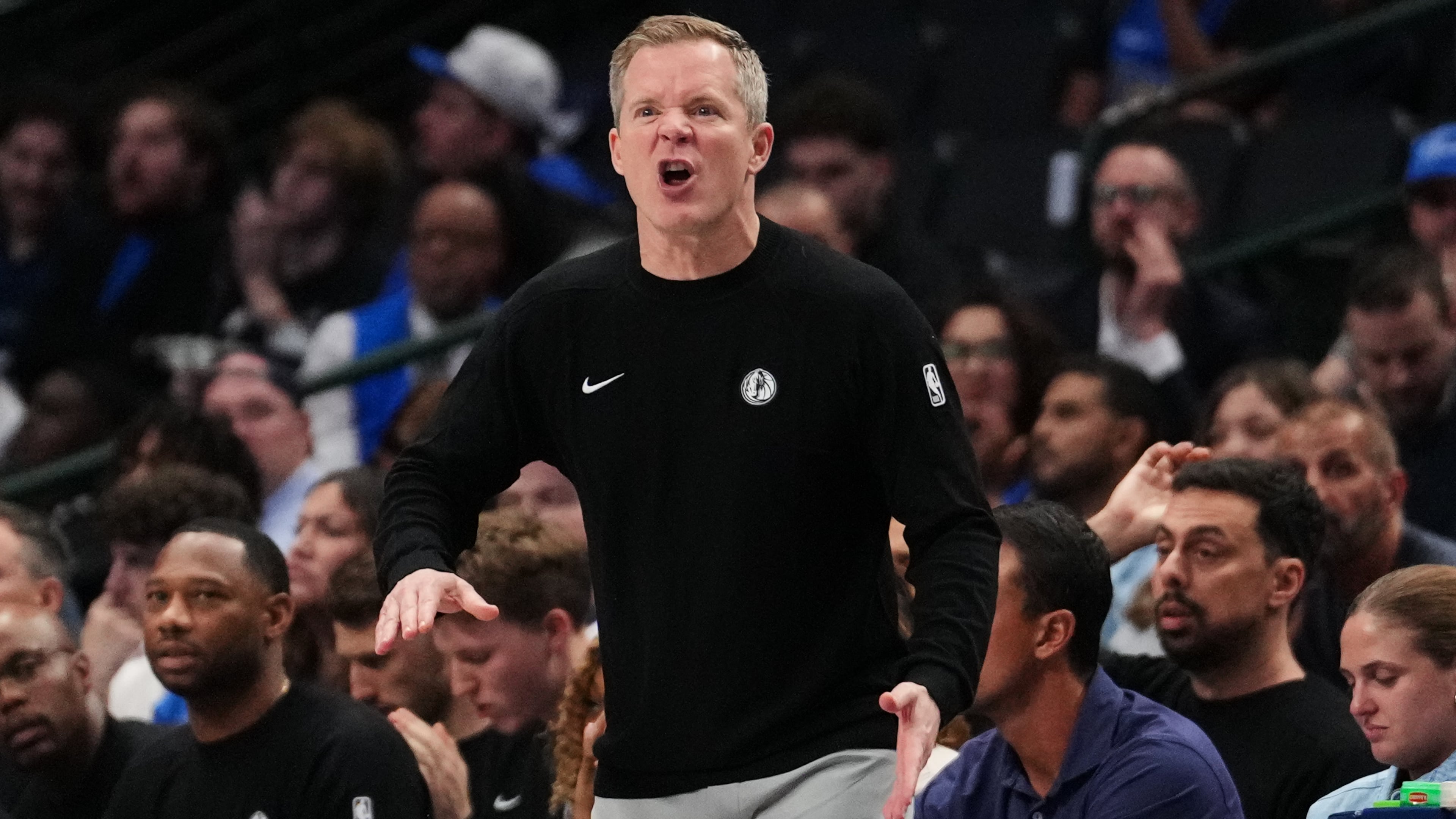 Dallas Mavericks head coach Dusty May instructs his team during the second half of a preseason NBA basketball game against the New Orleans Pelicans in Dallas, Wednesday, Oct. 14, 2026. (AP Photo/Tony Gutierrez)