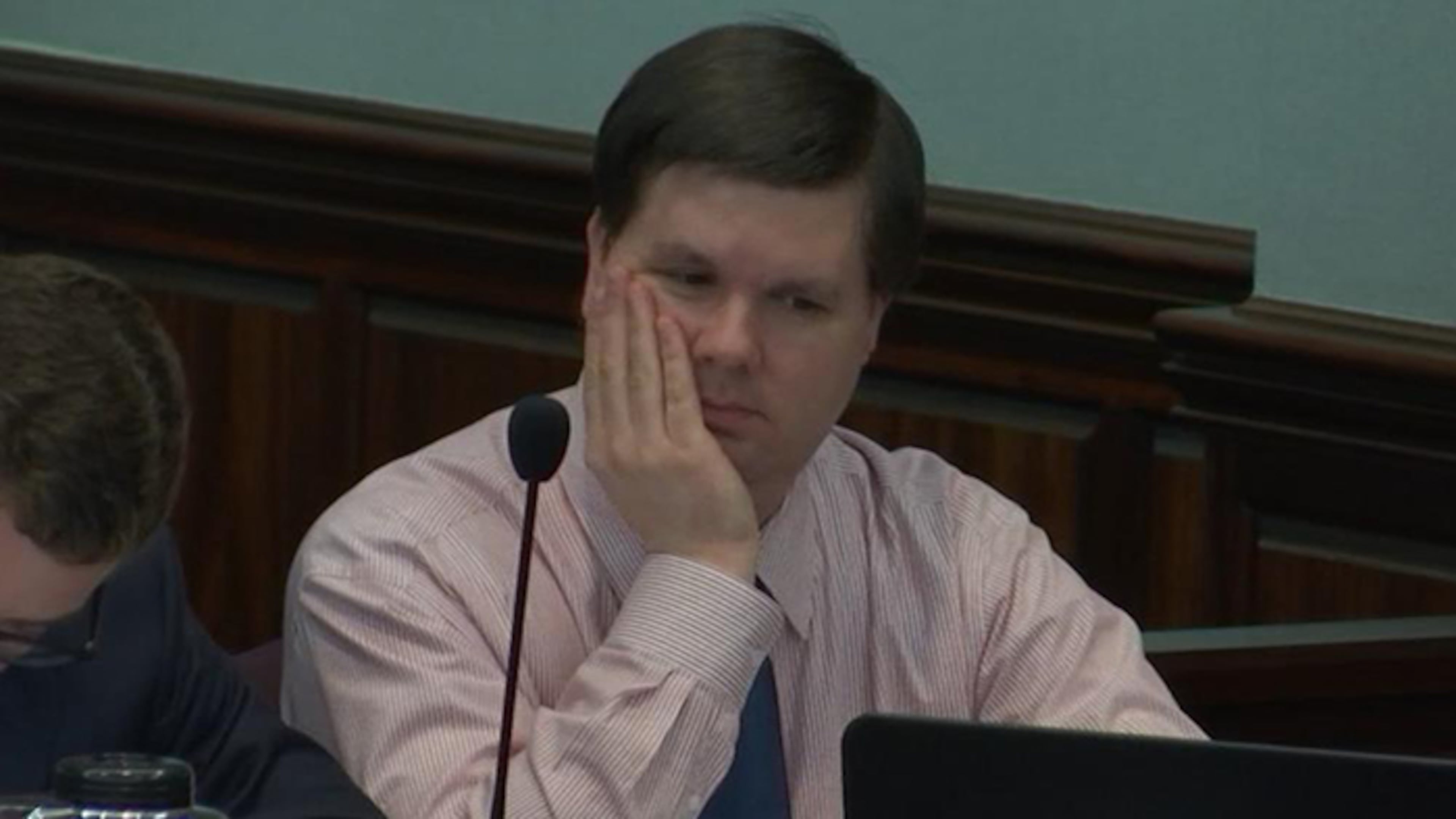 Justin Ross Harris listens to Det. Phil Stoddard testify on Monday. WSB