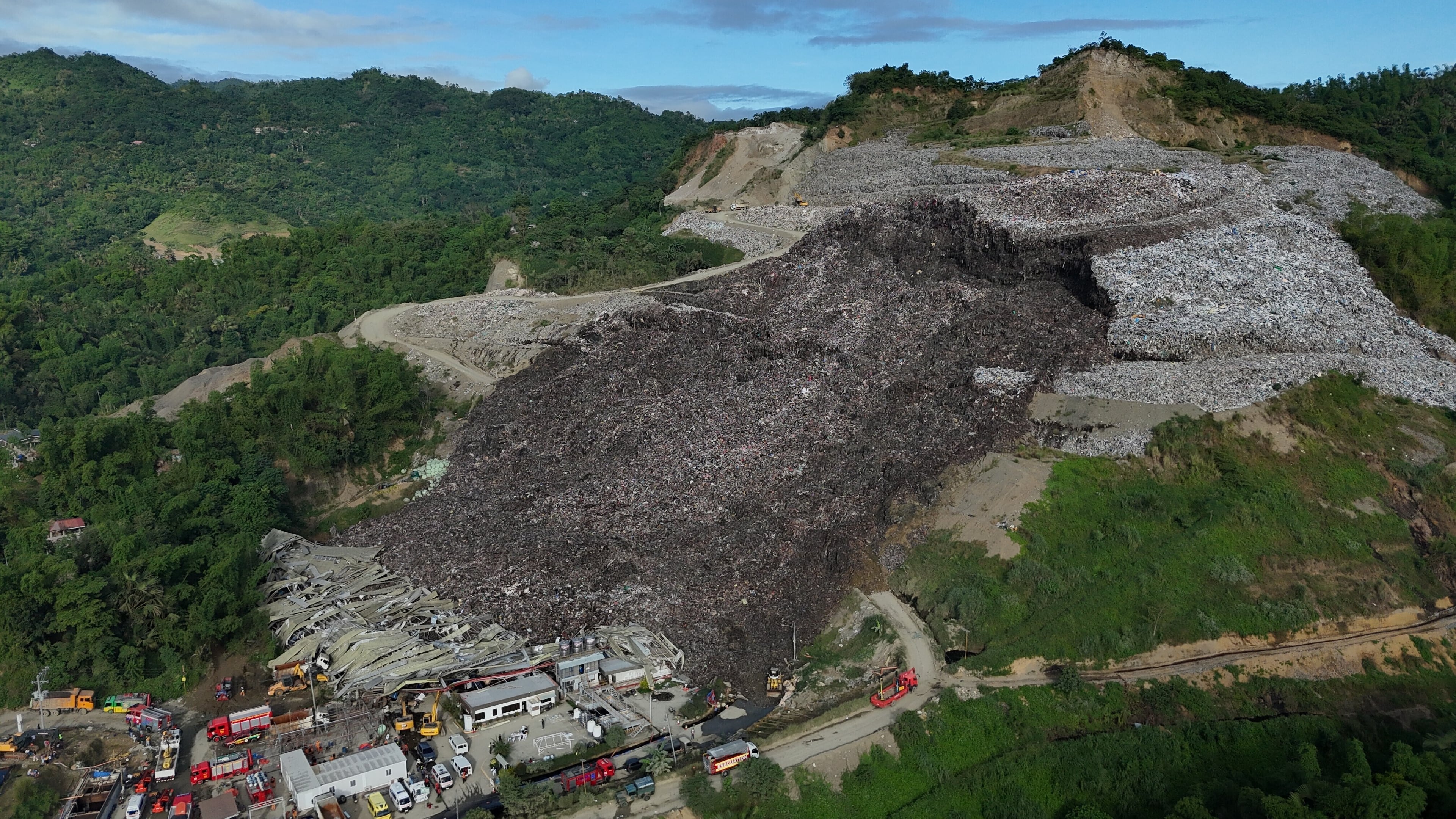 An aerial view of a huge mound of garbage that collapsed at a waste segregation facility in Binaliw, Cebu city on Friday, Jan. 9, 2026. (AP Photo/Jacqueline Hernandez)