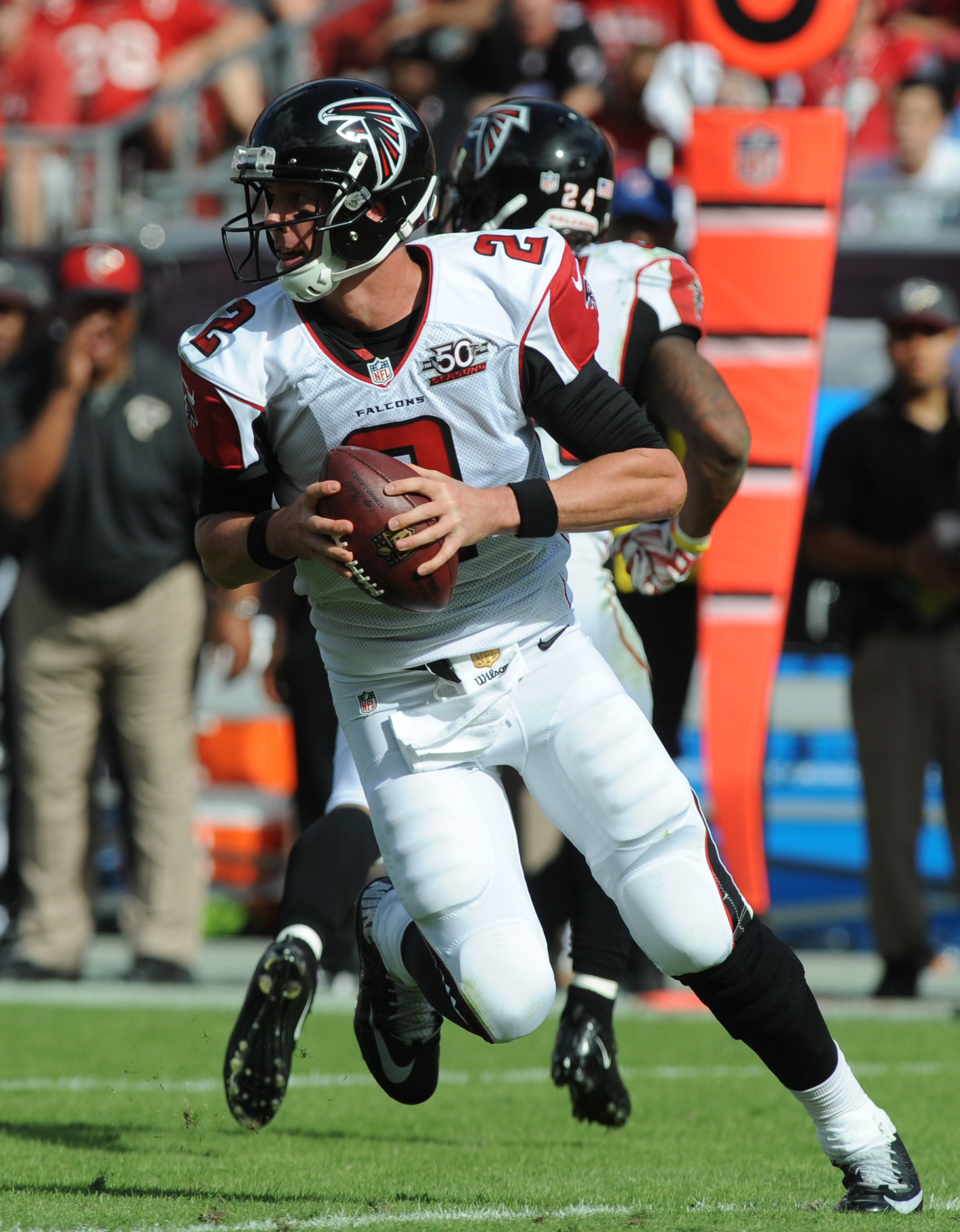 TAMPA, FL - DECEMBER 6: Quarterback Matt Ryan #2 of the Atlanta Falcons scrambles out of the pocket in the second quarter against the Tampa Bay Buccaneers at Raymond James Stadium on December 6, 2015 in Tampa, Florida. (Photo by Cliff McBride/Getty Images)