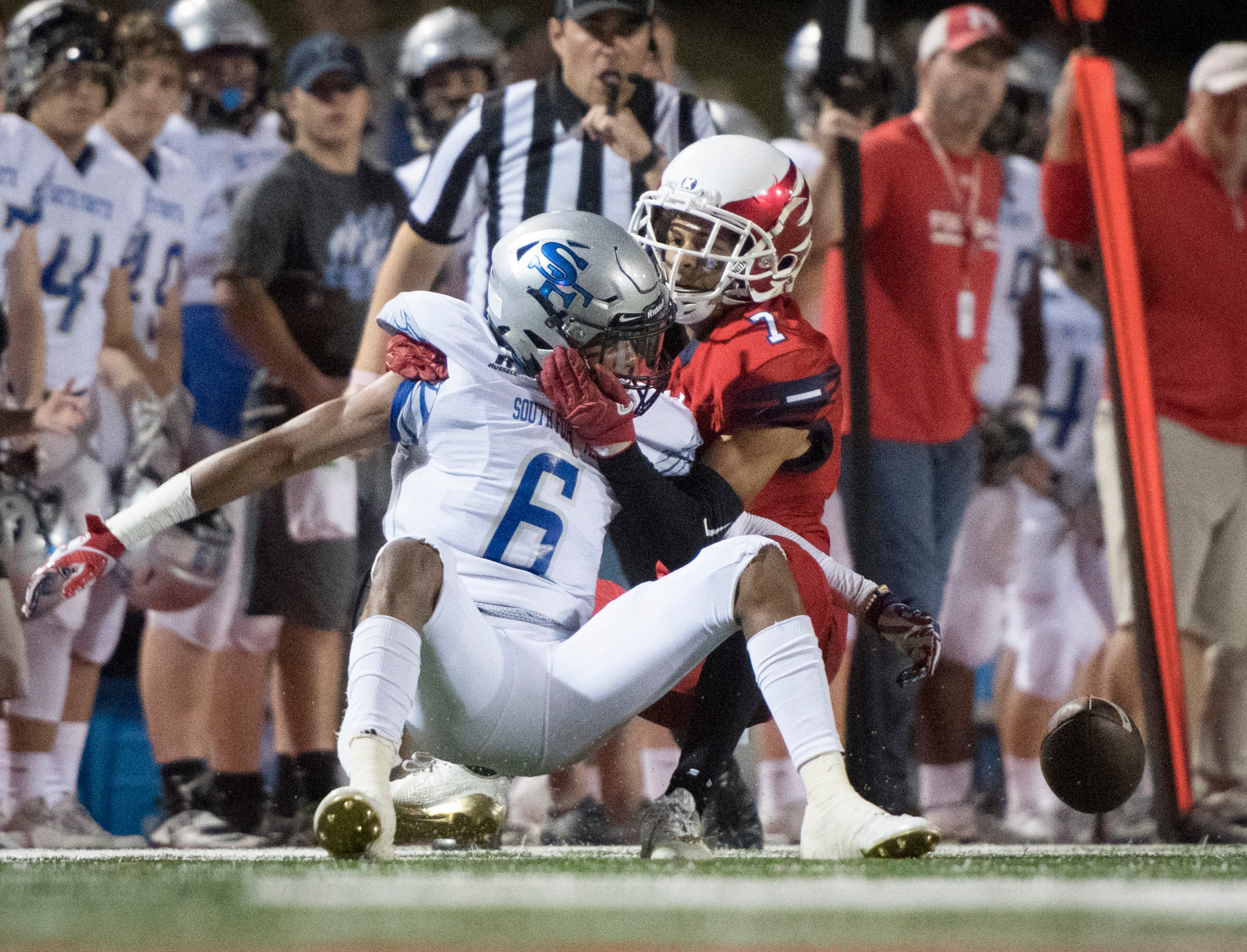 South Forsyth WR Jaylen Pearson (6) can't keep hold of the ball as he is defended by Milton CB Lucas Moore on a pass play during a high school football game, Friday, Oct. 13, 2017, in Milton. (John Amis)