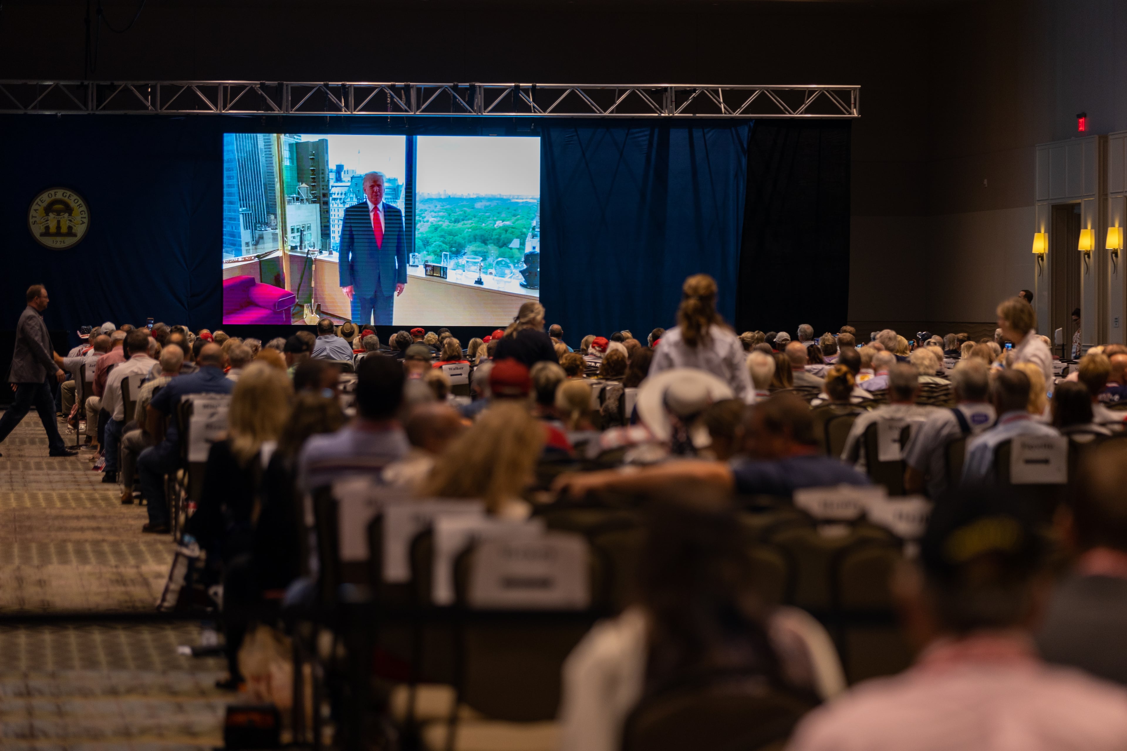 Former President Donald Trump addresses, virtually, the Georgia GOP convention at Jekyll Island on Saturday, June 5, 2021. (Photo: Nathan Posner for The Atlanta-Journal-Constitution)