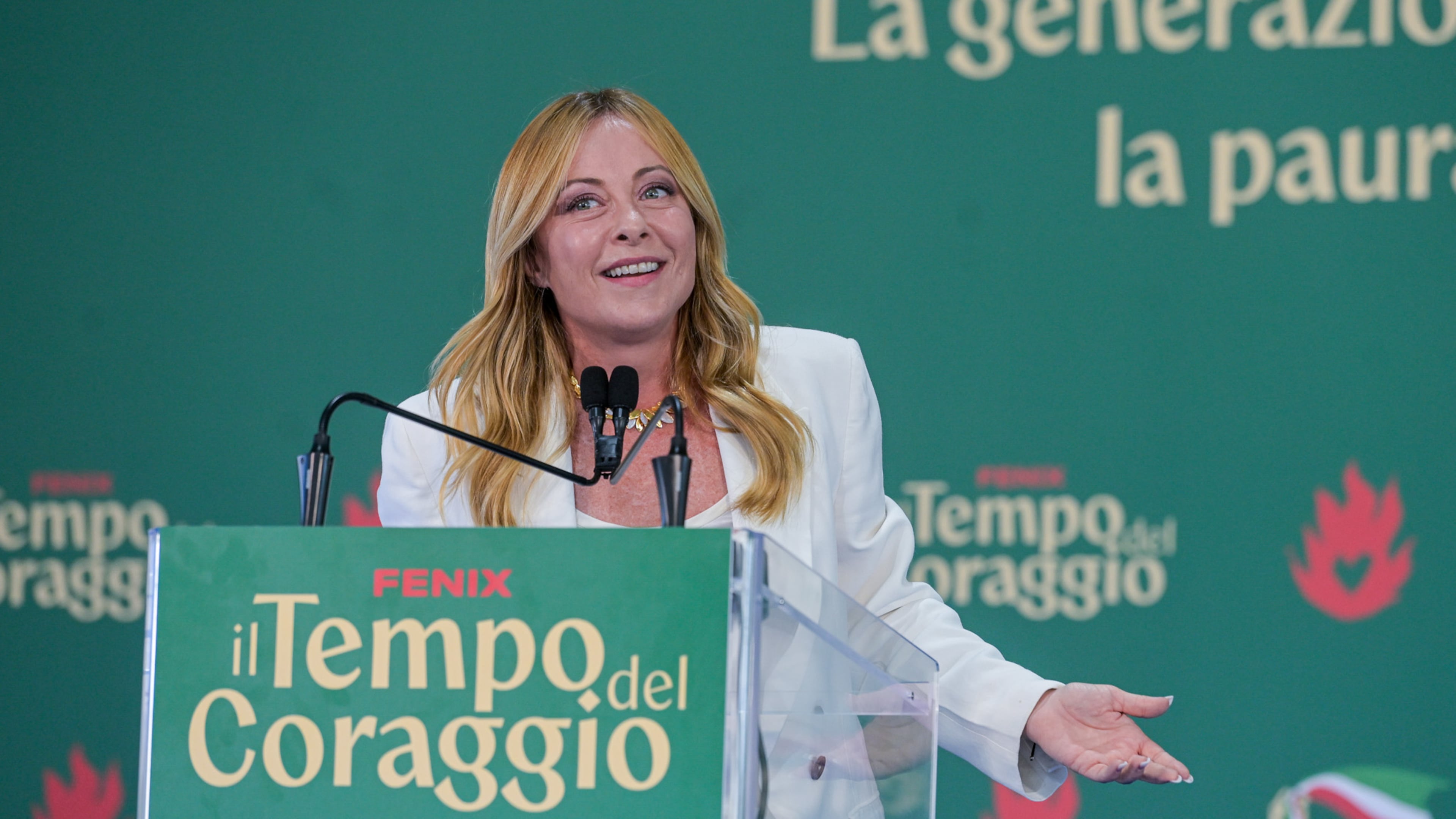 Italy's Prime Minister Giorgia Meloni attends at Fenix, the FdI youth festival, in Rome, Sunday, Sept. 20, 2026. (Valentina Stefanelli/LaPresse via AP)