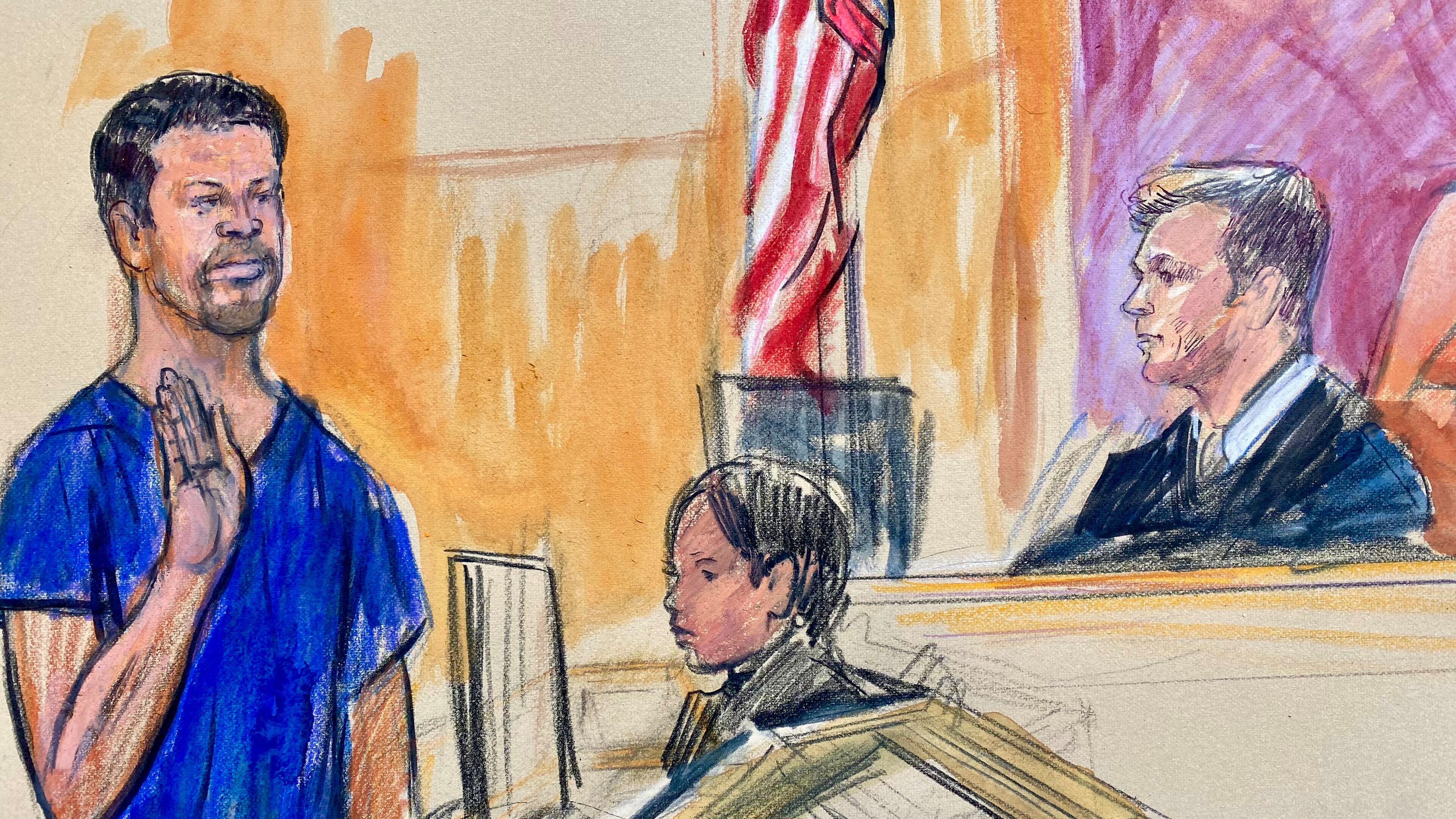 This courtroom sketch depicts Cole Tomas Allen, left, the California man arrested in the shooting incident at the correspondents dinner in Washington, seen appearing before Magistrate Judge Matthew J. Sharbaugh, in federal court, Monday, April 27, 2026 in Washington. (Dana Verkouteren via AP)