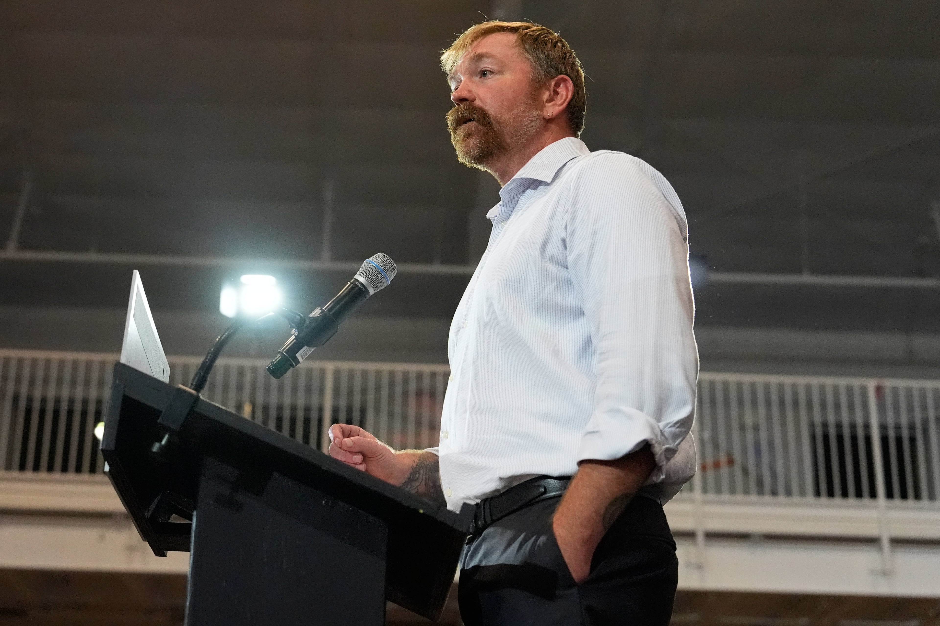 Democratic U.S. Senate candidate Graham Platner speaks during a primary election night watch party after winning the Democratic nomination last month in Blue Hill, Maine. (Robert F. Bukaty/AP)