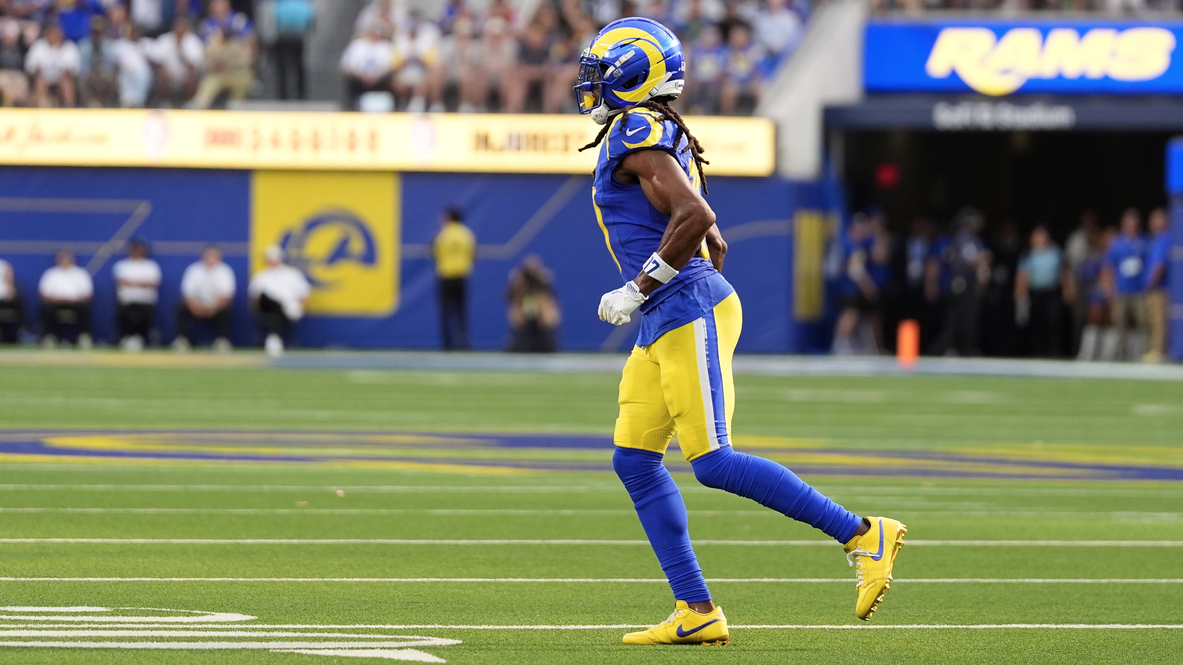 Los Angeles Rams wide receiver Davante Adams (17) makes his way to the sideline during the second half of an NFL football game in Inglewood, Calif., Sunday, Oct. 18, 2026. (AP Photo/Gregory Bull)