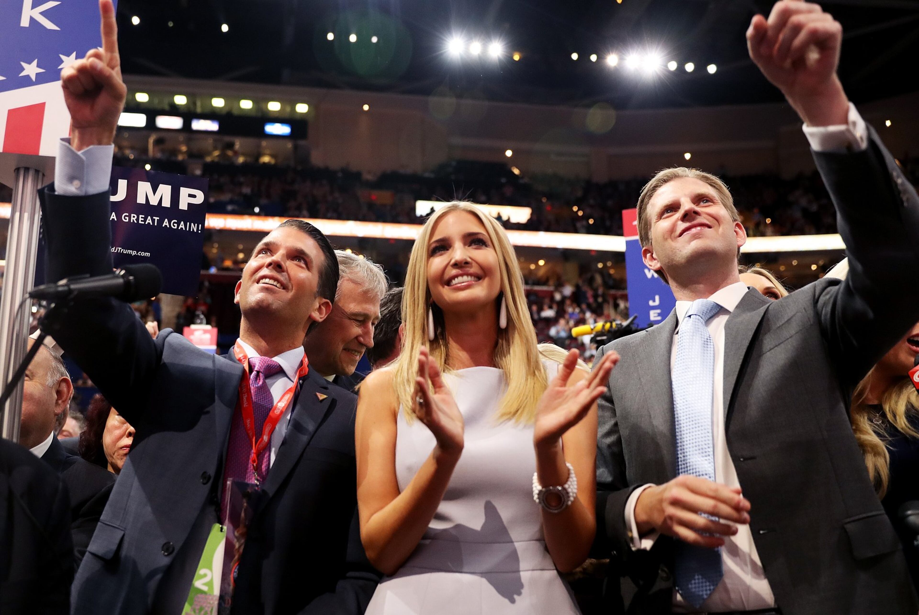 Donald Trump Jr. (left), Ivanka Trump and Eric Trump take part in the roll call in support of Republican presidential candidate Donald Trump on the second day of the Republican National Convention on July 19 in Cleveland, Ohio. (Photo by Joe Raedle/Getty Images)
