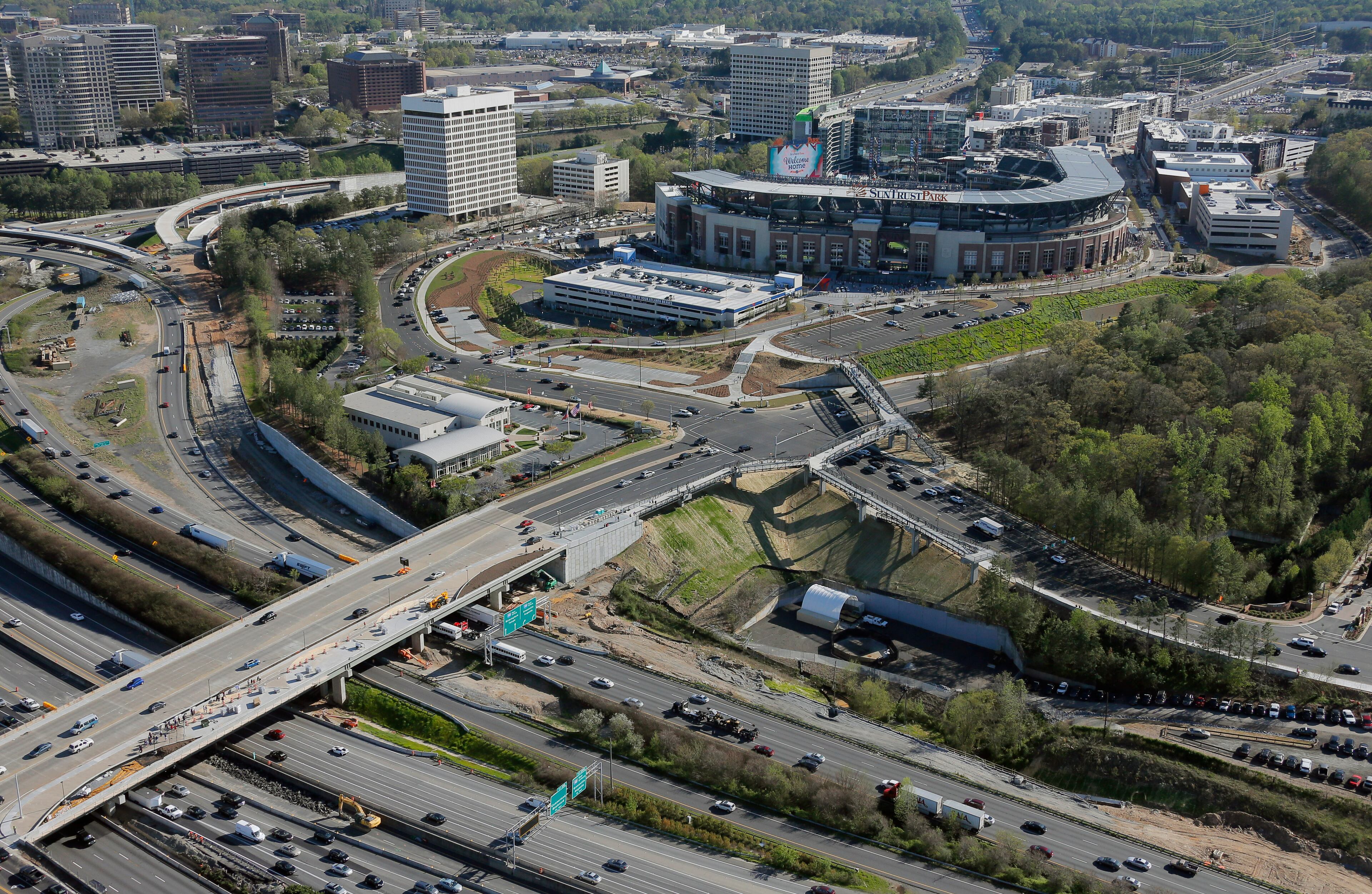 Mar. 31, 2017 - Atlanta - View of SunTrust Park is looking southwest with I-75 at the bottom of the frame. The Braves open their new stadium the day after a massive fire destroyed a section of I-85 in downtown Atlanta. BOB ANDRES /BANDRES@AJC.COM