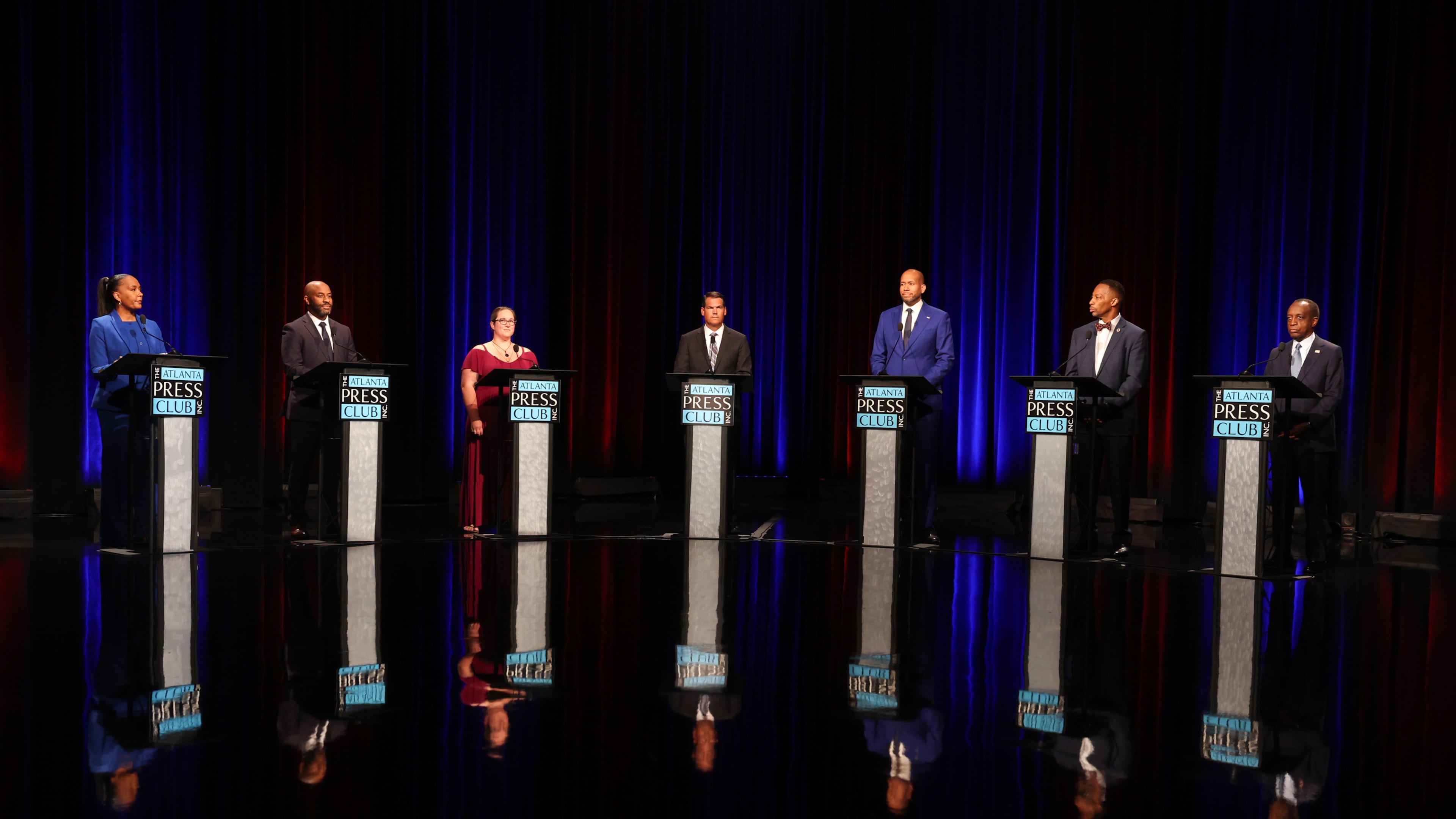 Democratic candidates for governor (from left) Keisha Lance Bottoms, Olu Brown, Amanda Duffy, Geoff Duncan, Jason Esteves, Derrick Jackson and Michael Thurmond, appear at the Atlanta Press Club Loudermilk-Young primary election debate at Georgia Public Broadcasting, Monday, April 27, 2026, in Atlanta. (Arvin Temkar/AJC)