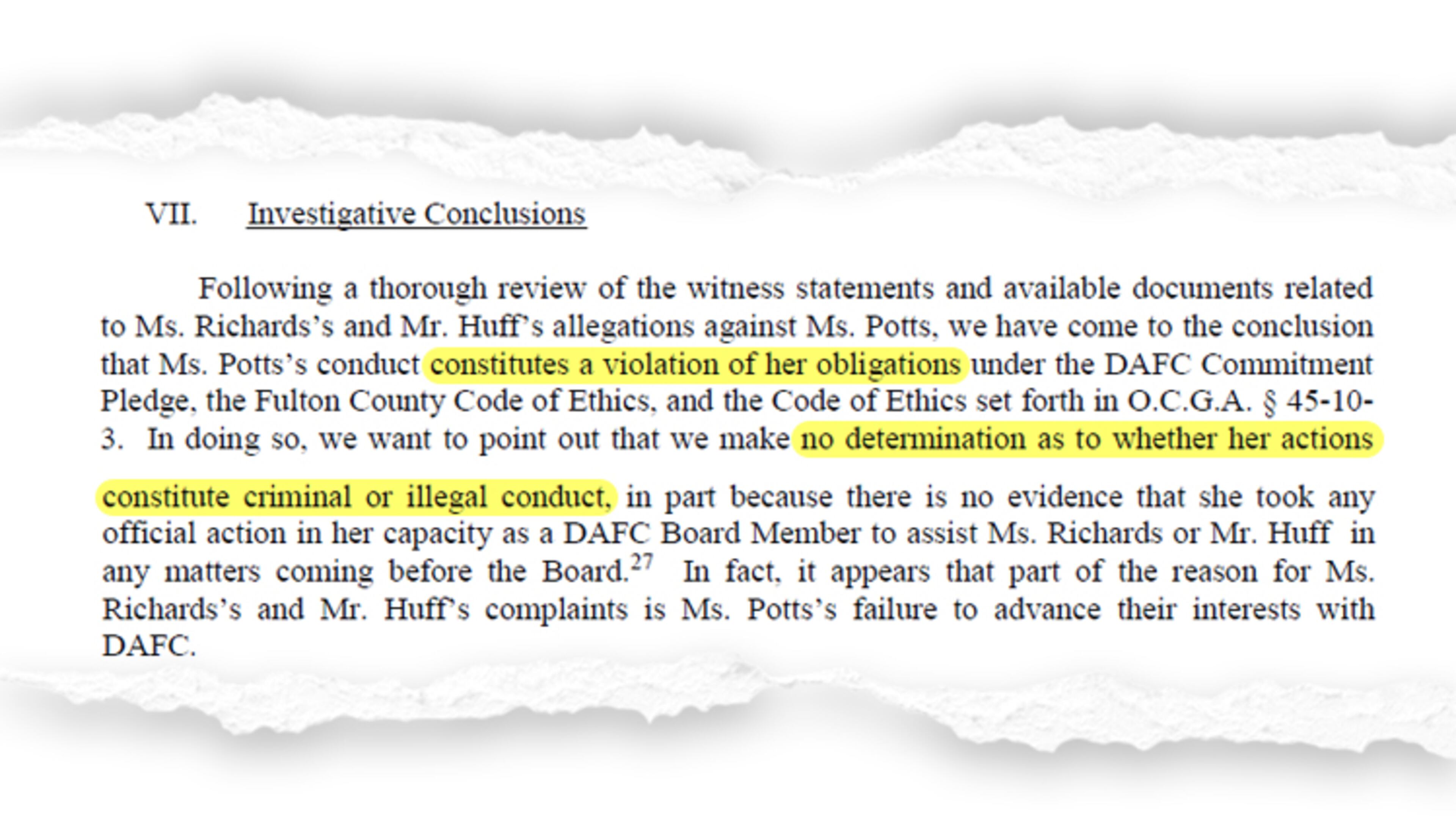 A group of lawyers was hired by the Development Authority of Fulton County to investigate former board member JoAnna Potts, and concluded that Potts violated her obligations to the board. The lawyers' report made no conclusions regarding whether her actions were illegal, however.