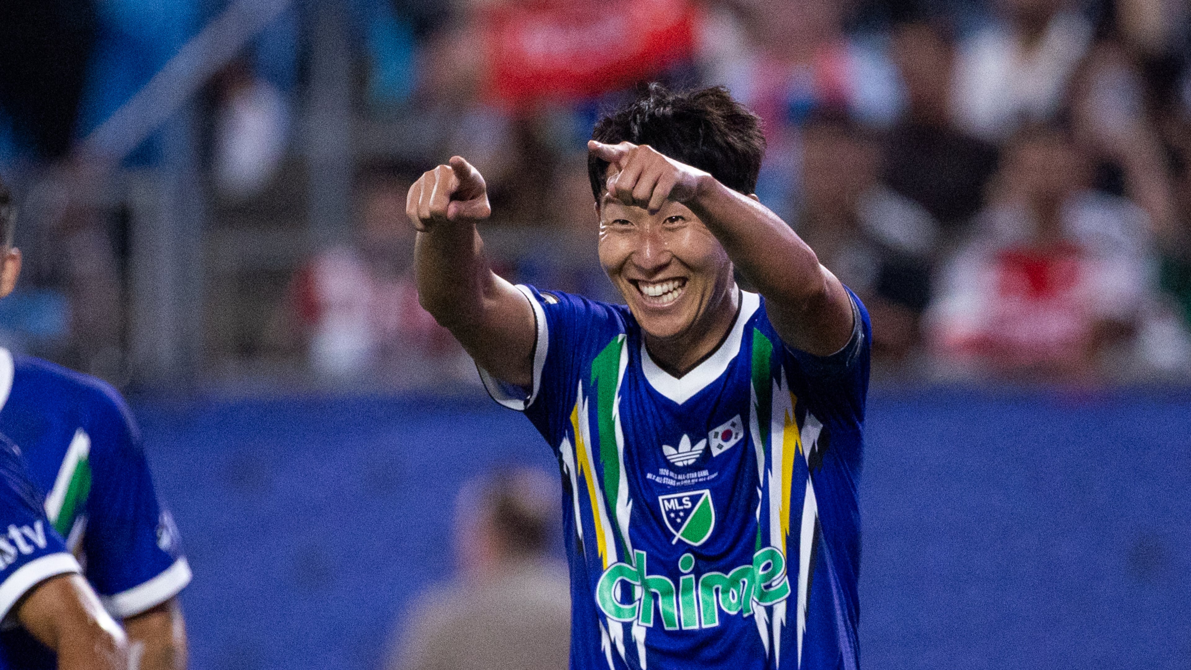 MLS All-Star Son Heung-min (7) celebrates after scoring during the MLS All-Star soccer game Wednesday, July 29, 2026, in Charlotte, N.C. (AP Photo/Scott Kinser)