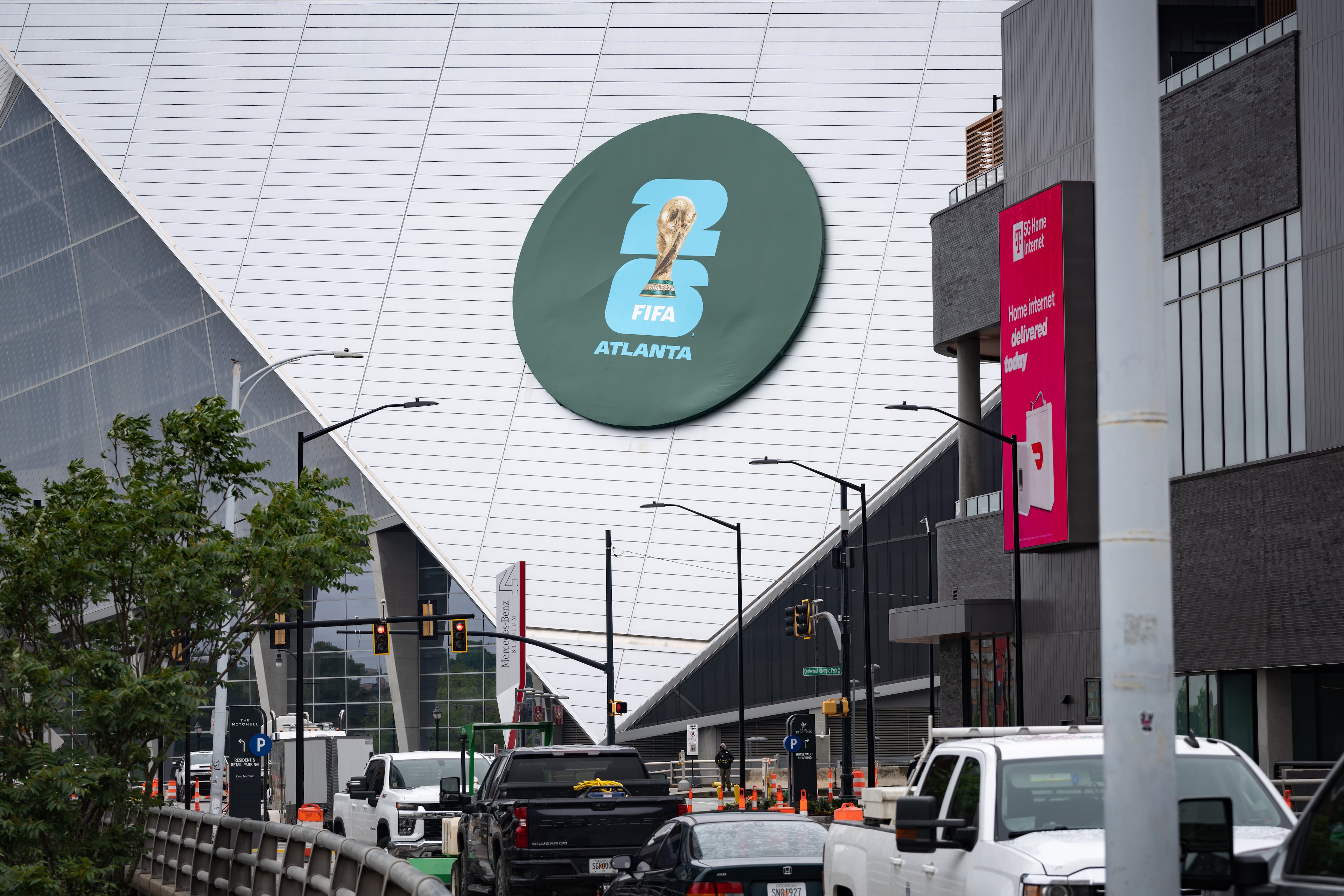 A FIFA 2026 logo replaces the Mercedes logo on Mercedes-Benz Stadium in compliance with FIFA's "clean stadium" rules on Tuesday, Apr 28, 2026. (Ben Hendren for the AJC)