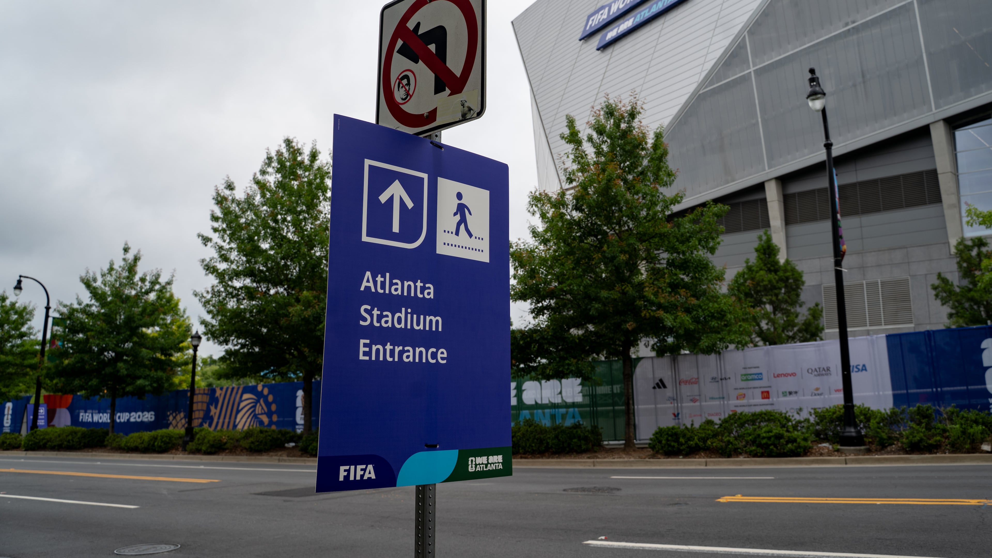 New signage is placed Monday, June 8, 2026, outside of Mercedes-Benz Stadium, which will be called Atlanta Stadium during the FIFA World Cup. (Ben Hendren for the AJC)