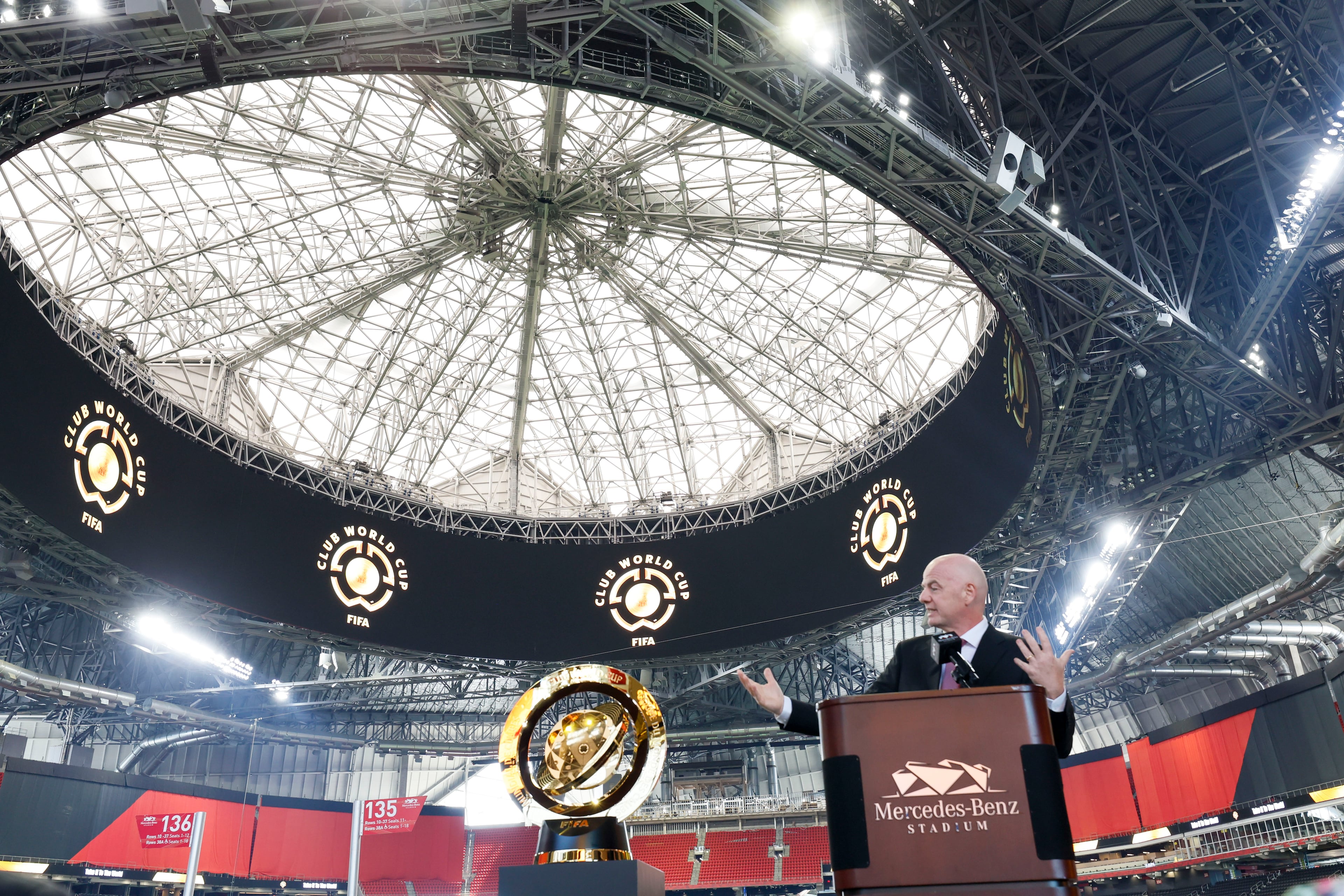 FIFA president Gianni Infantino speaks to press members during a press conference at Mercedes-Benz Stadium on Monday, April 14, 2025, to discuss the upcoming 2025 Club World Cup, which will be hosted in Atlanta this summer.
(Miguel Martinez/AJC)