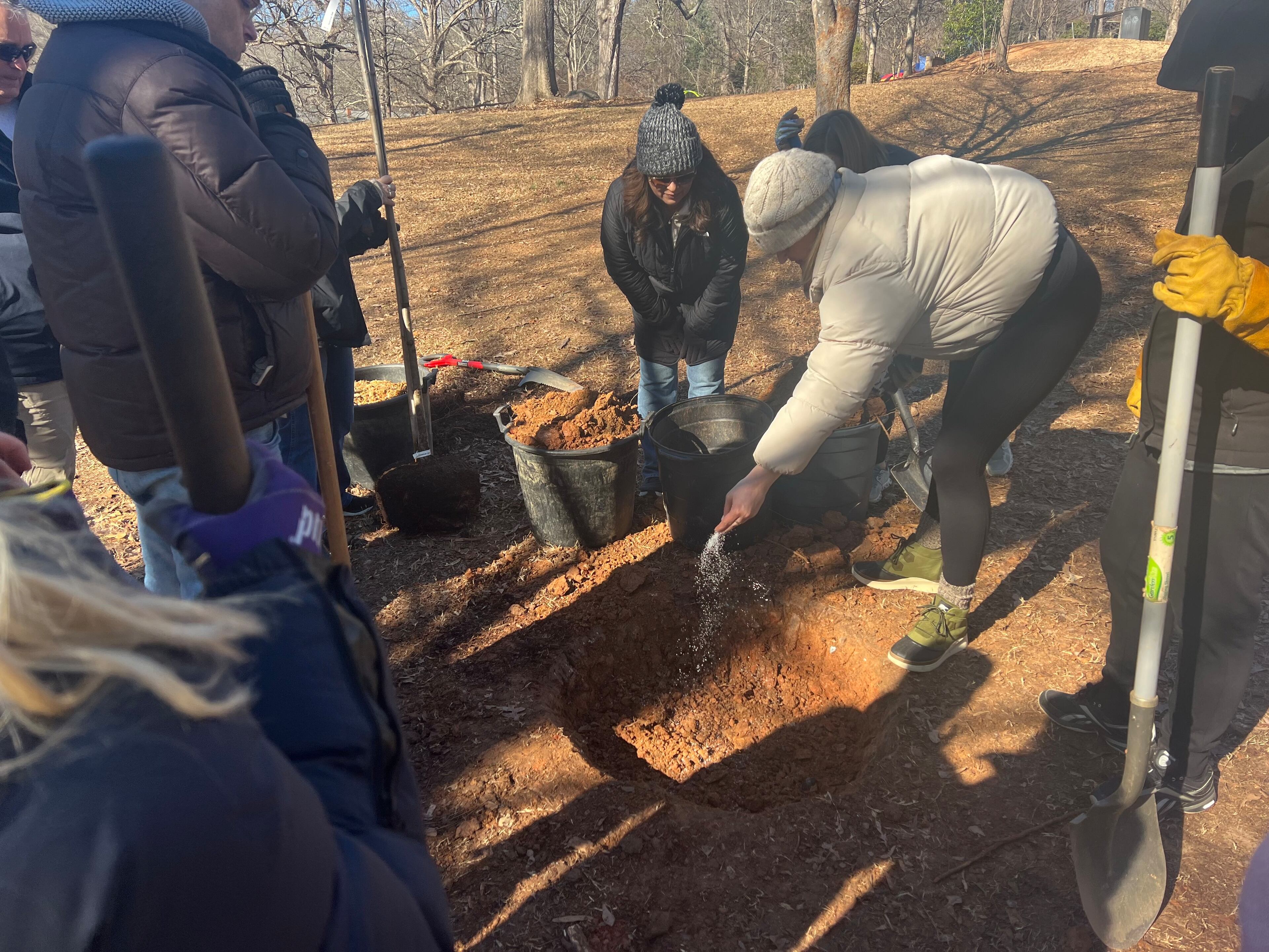 Family and friends plant a native oak tree at Chastain Park in memory of Evander "Fletcher" Fogle II on Saturday, Jan. 25, 2025. (Ashley Ahn/AJC)