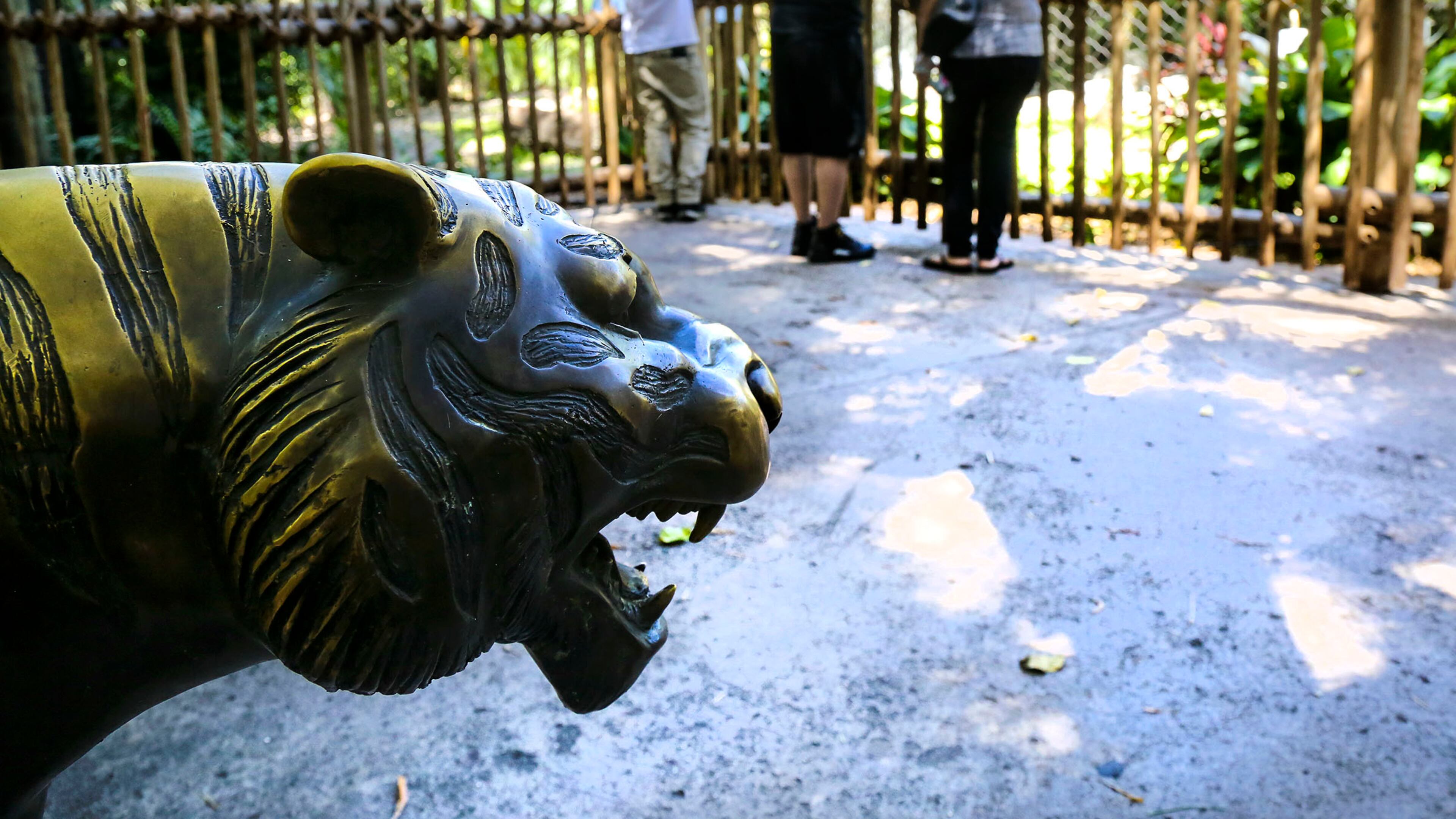 A tiger statue overlooks the tiger enclosure at the Palm Beach Zoo Monday, April 18, 2016. The zoo opened for the first time Monday since a tiger attacked and killed zookeeper Stacey Konwiser on Friday. (Lannis Waters / The Palm Beach Post)