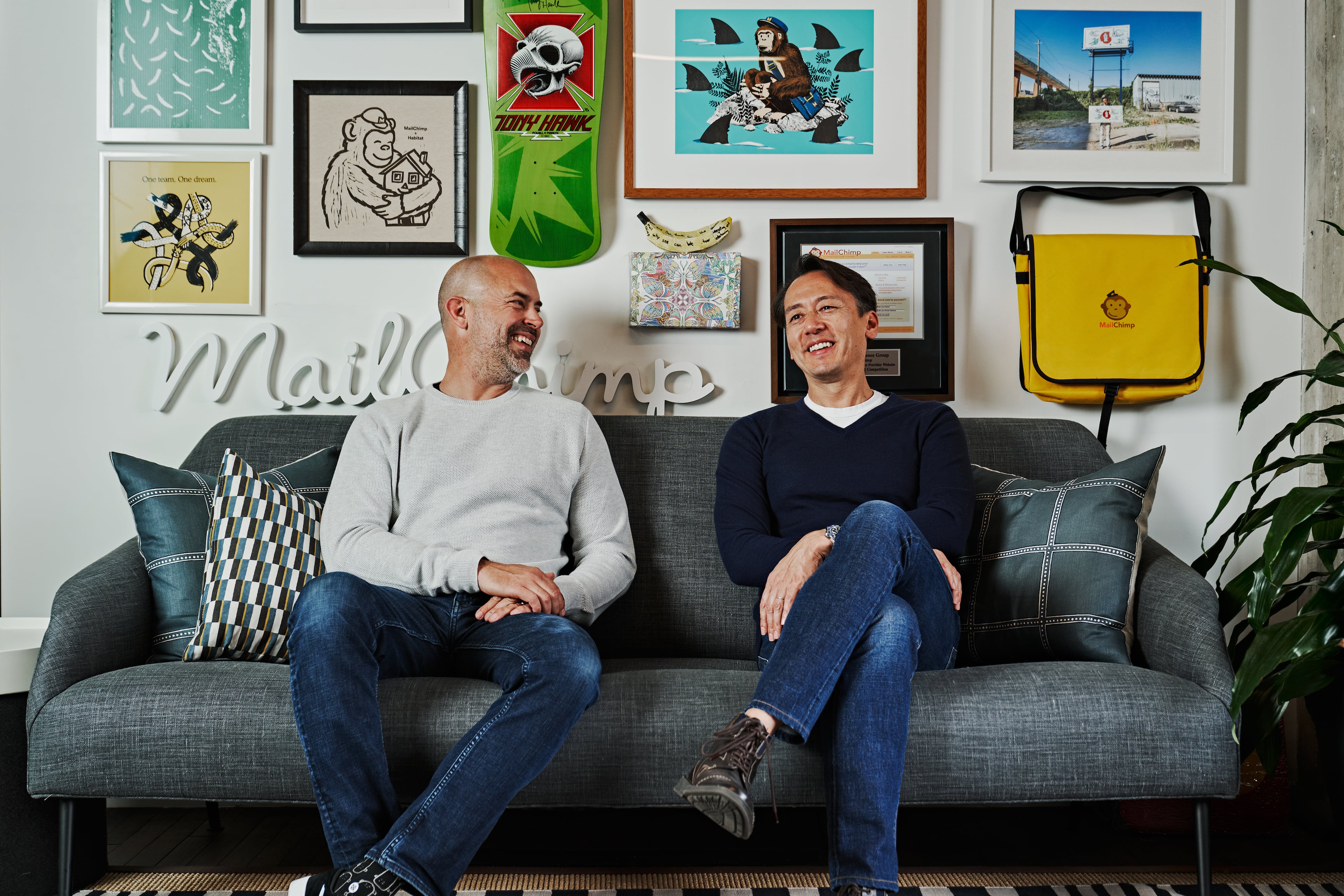 Mailchimp co-founders Dan Kurzius (left) and Ben Chestnut sit in their headquarters office at Ponce City Market in 2021.