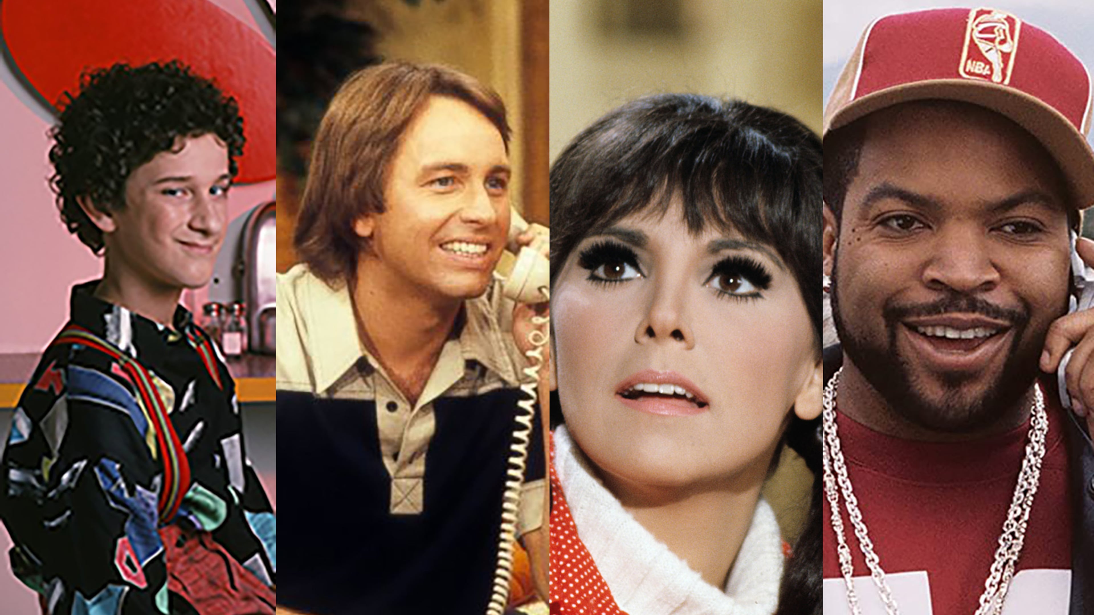 Free streaming options include "Saved by the Bell" on Peacock; "Three's Company" on Pluto, "That Girl" on Crackle and "Are We There Yet?" on Tubi. Courtesy of respective platforms