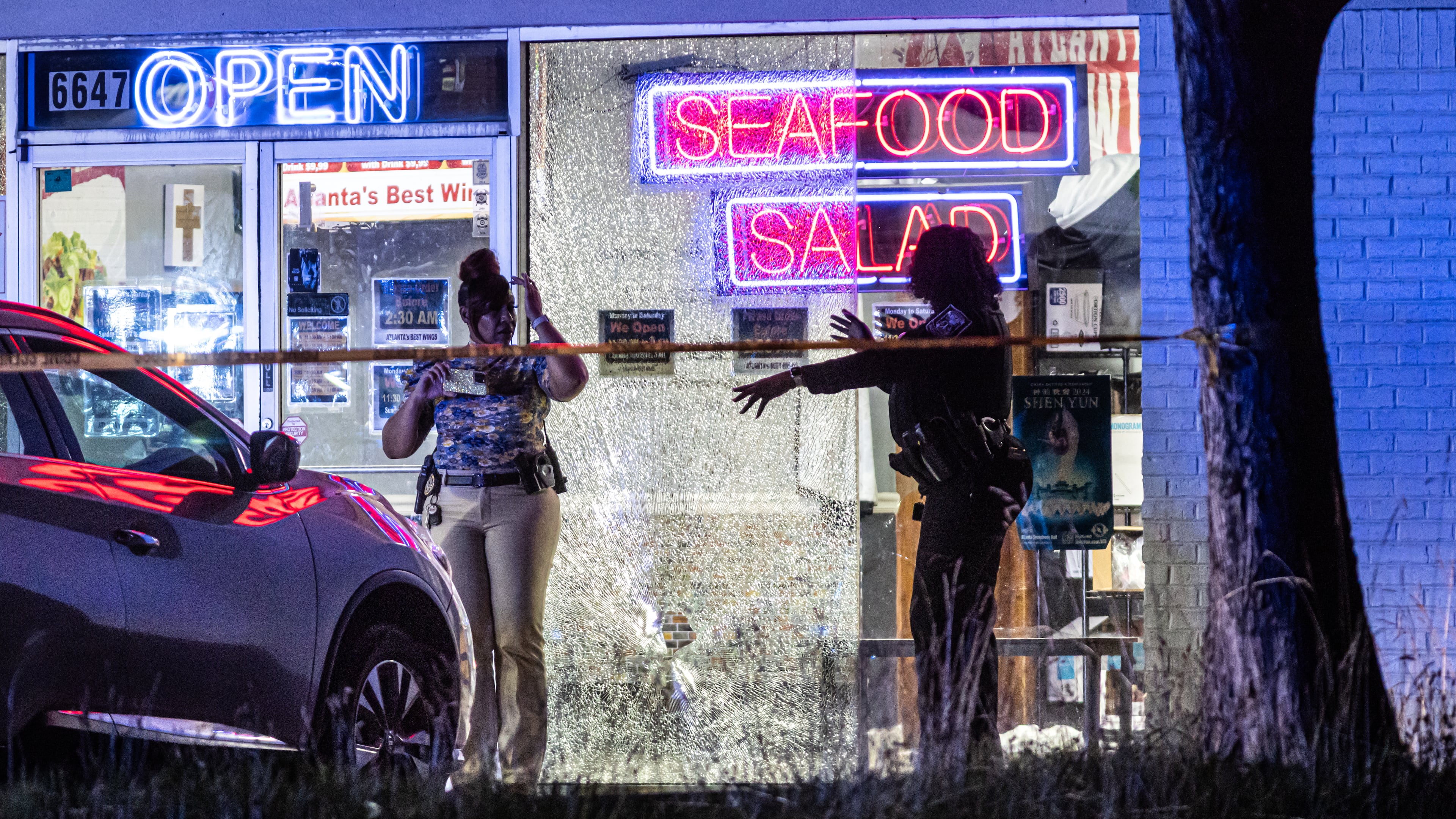 DeKalb police responded around 2 a.m. to Atlanta’s Best Wings in the 6600 block of Covington Highway, where officers found two people suffering from gunshot wounds in critical condition after authorities said they shot each other at a chicken wing restaurant in DeKalb County early Wednesday, June 5, 2024. (John Spink/AJC)