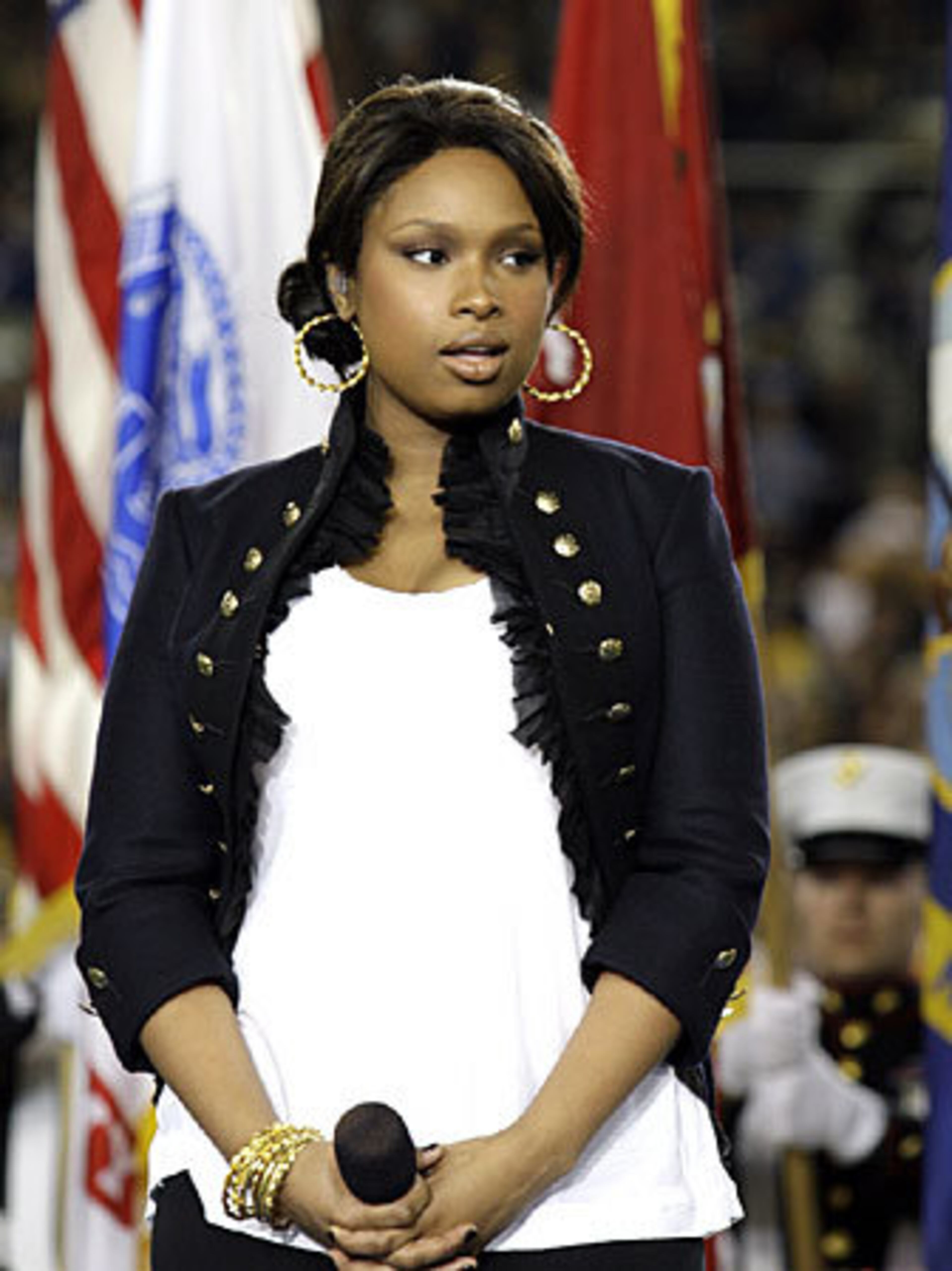 Jennifer Hudson, the 27-year-old singer/actress who won an Oscar for 'Dreamgirls,' looked apprehensive and took a deep breath before launching into 'The Star Spangled Banner.'
