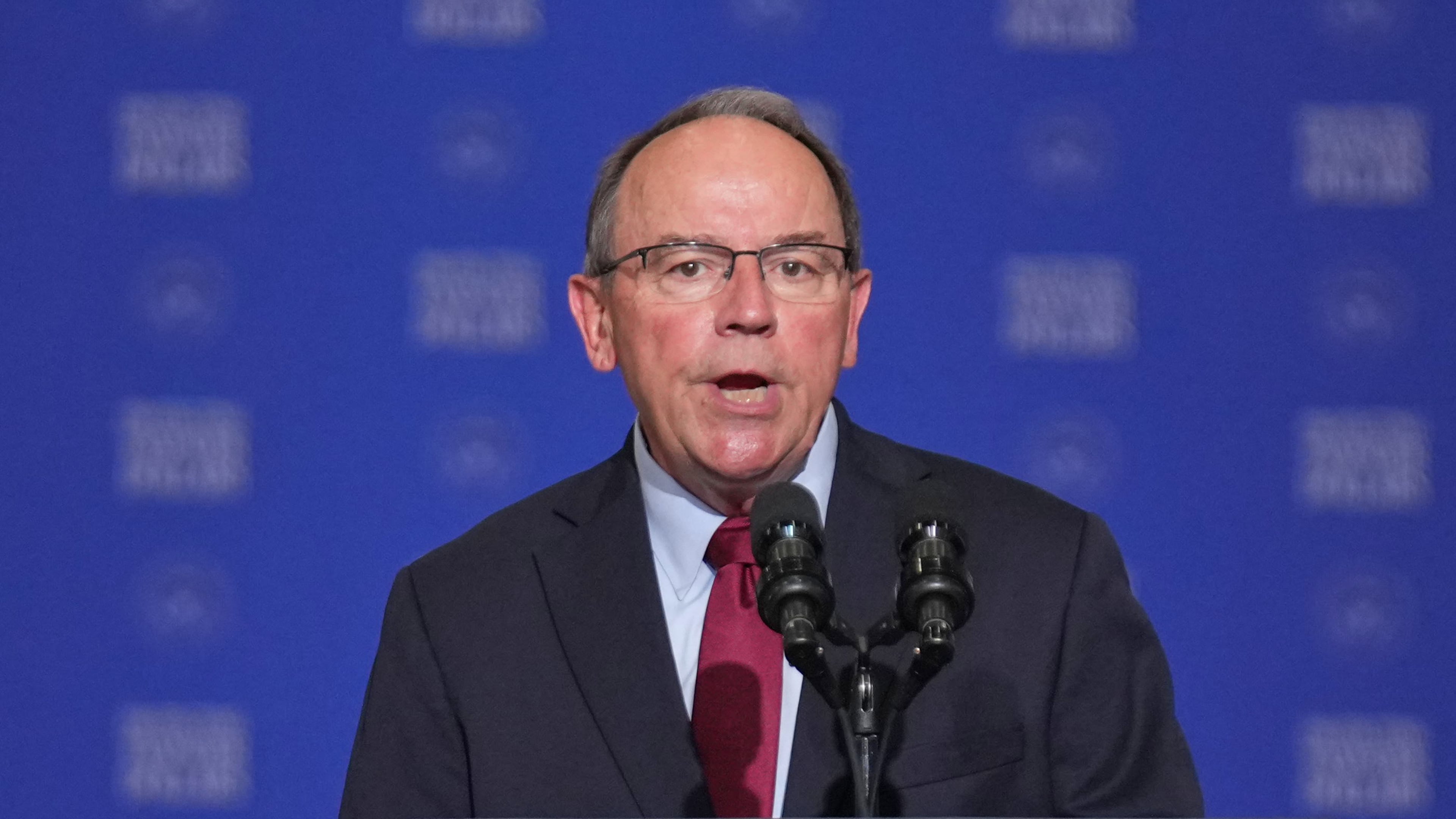 FILE - Rep. Tom Tiffany, R-Wis., speaks at the Wisconsin Air National Guard facility at Milwaukee Mitchell International Airport, July 8, 2026, in Milwaukee. (AP Photo/Mark Schiefelbein, Pool, File)