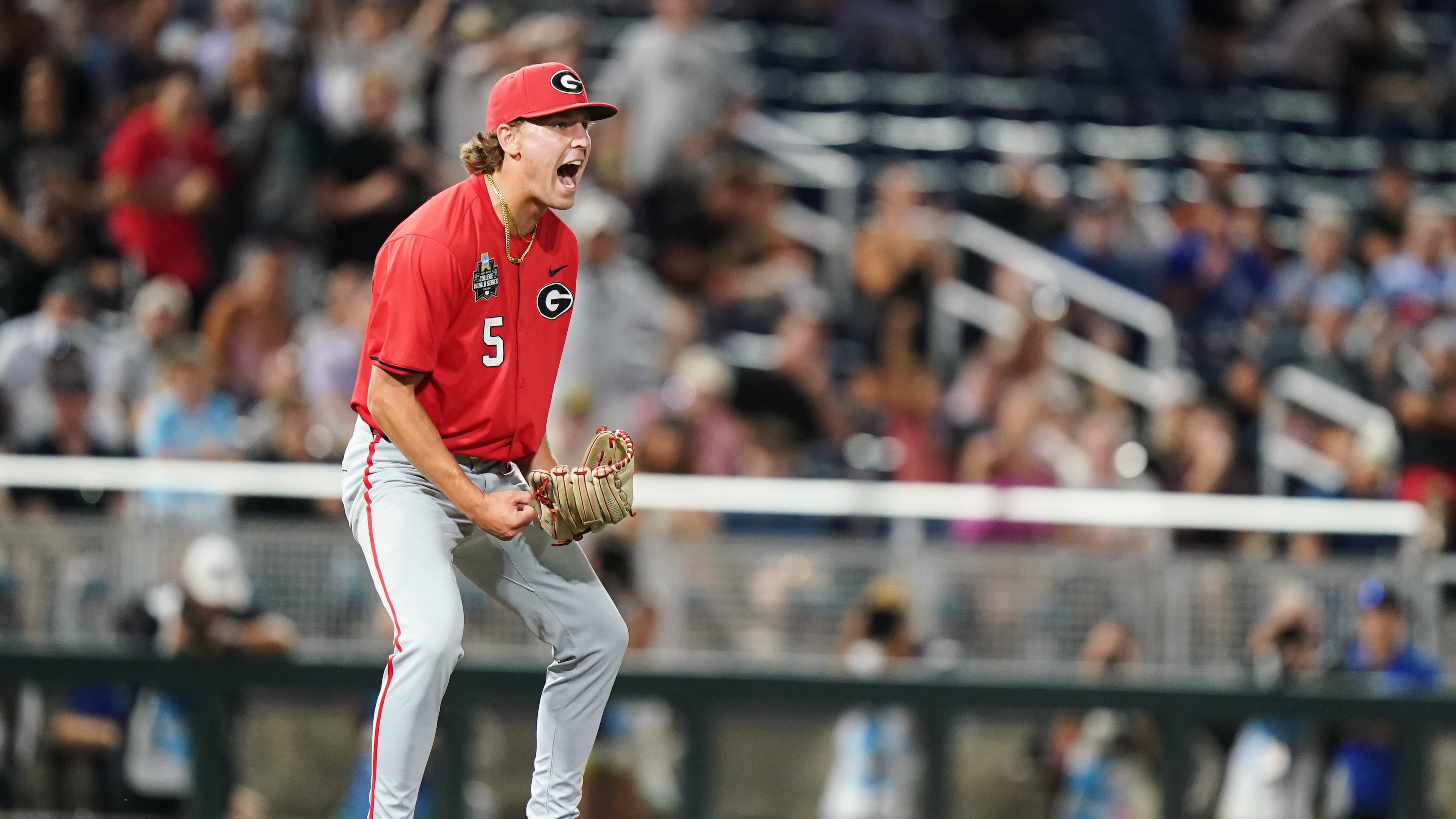 Georgia pitcher Justin Byrd (5) reacts after an NCAA baseball College World Series elimination game against Texas, Tuesday, June 16, 2026 in Omaha, Neb. Georgia won 2-0. (Vera Nieuwenhuis/AP)