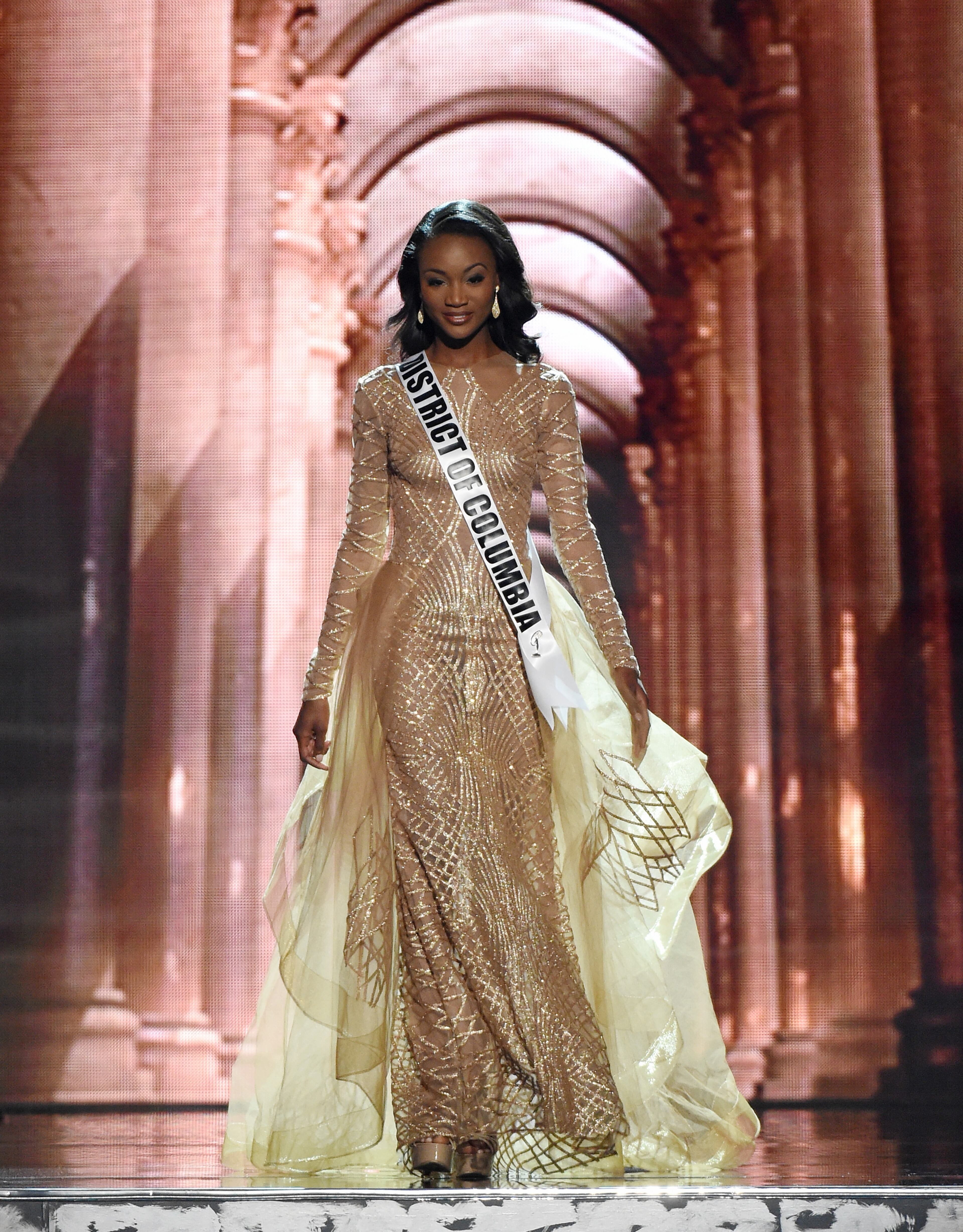 LAS VEGAS, NV - JUNE 01: Miss District of Columbia USA Deshauna Barber competes in the evening gown competition during the 2016 Miss USA pageant preliminary competition at T-Mobile Arena on June 1, 2016 in Las Vegas, Nevada. The 2016 Miss USA will be crowned on June 5 in Las Vegas. (Photo by Ethan Miller/Getty Images)