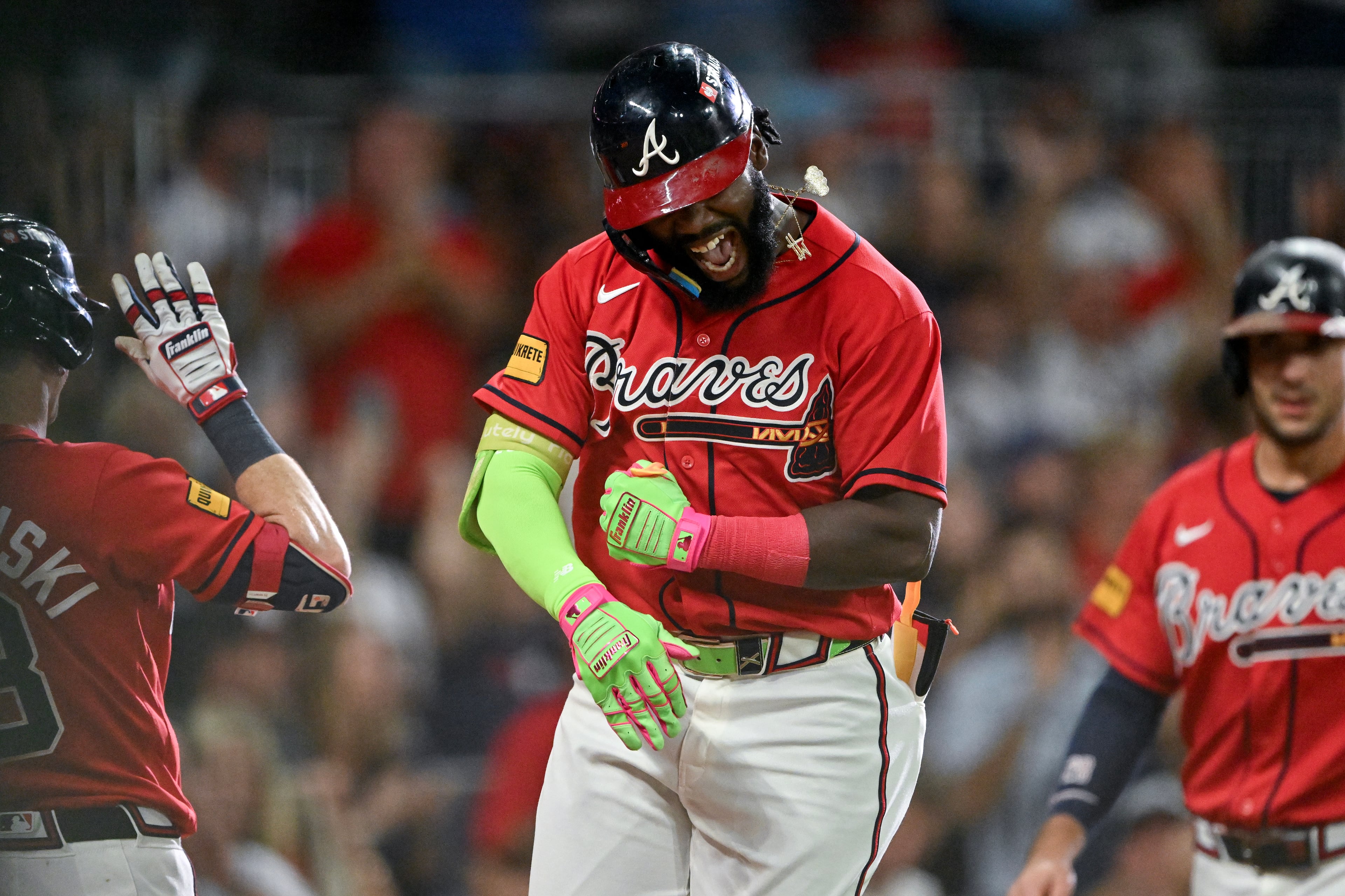 Braves center fielder Michael Harris II celebrates after hitting a three-run home run against the Phillies during Game 3 of their NL Wild Card Series on Thursday, Oct. 1, 2026, in Atlanta. (Hyosub Shin/AJC)
